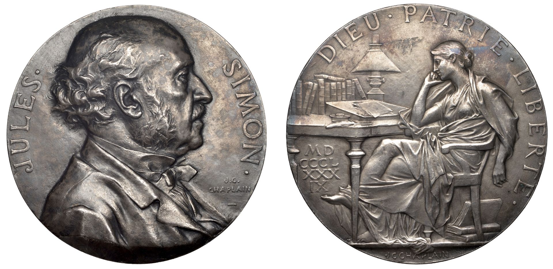 FRANCE, Jules Simon, 1889, an electrotype silver medal by J.C. Chaplain, bust right, rev. An...