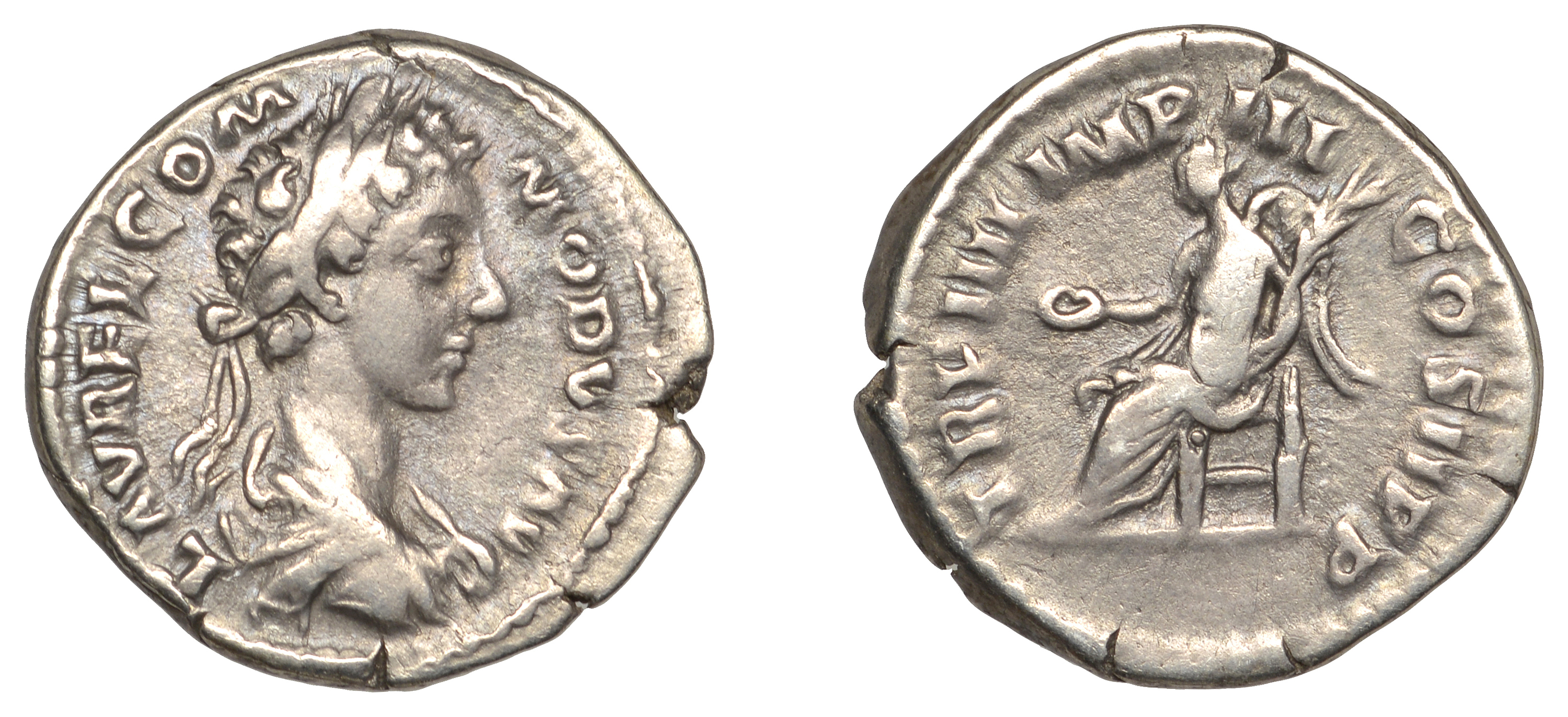 Roman Imperial Coinage, Commodus, Denarius, 179, laureate head right, rev. Victory seated le...