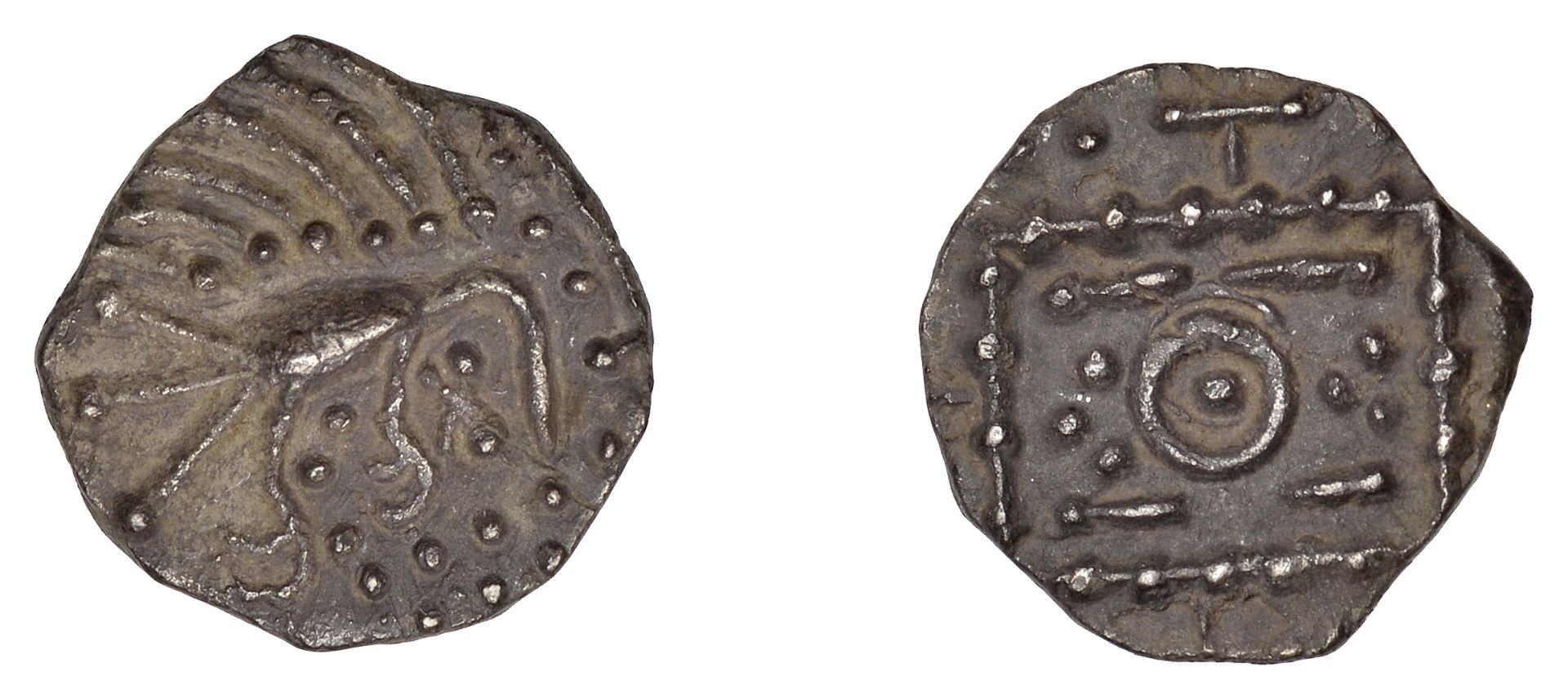 Early Anglo-Saxon Period, Sceatta, Continental series E, variety J, plumed bird-like figure,...