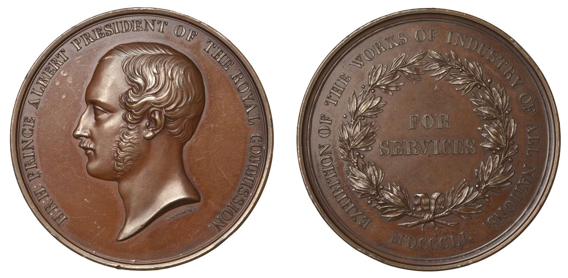 Great Exhibition, Hyde Park, 1851, For Services, a copper award medal by W. Wyon, similar, e...