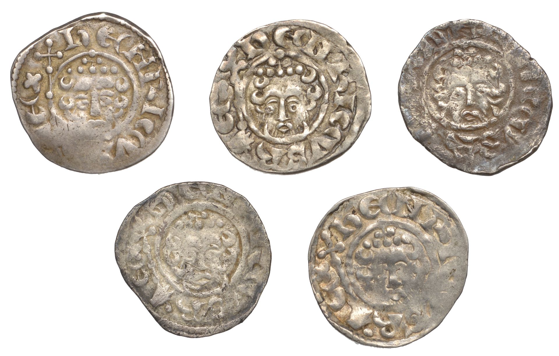 Henry III (1216-1272), Pennies (5), all class VIIb3, Canterbury, Henri, henri on cant, 1.38g...