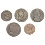 Charles II, Farthing, 1675 (S 3394); William and Mary, Halfpenny, 1694 (S 3452); William III...