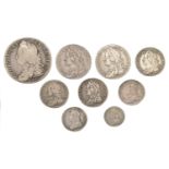 George II, Halfcrown, 1745 lima, Shillings (2), both 1758, Sixpences (3), 1743, 1757 (2), Fo...