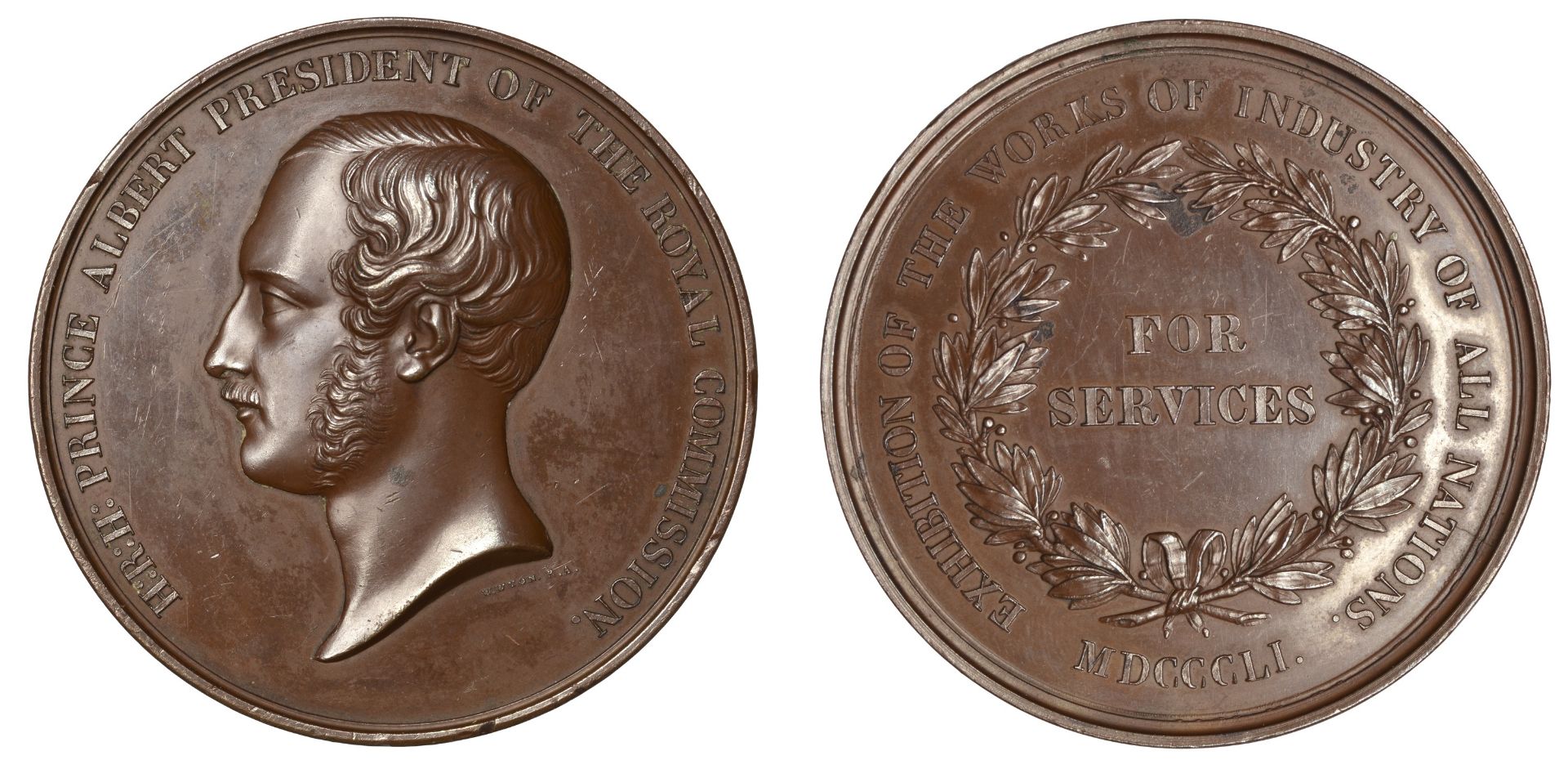 Great Exhibition, Hyde Park, 1851, For Services, a copper award medal by W. Wyon, bare head...