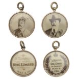 Death, 1910, pendants (2), obvs. photographs of the king, one showing him in coronation robe...