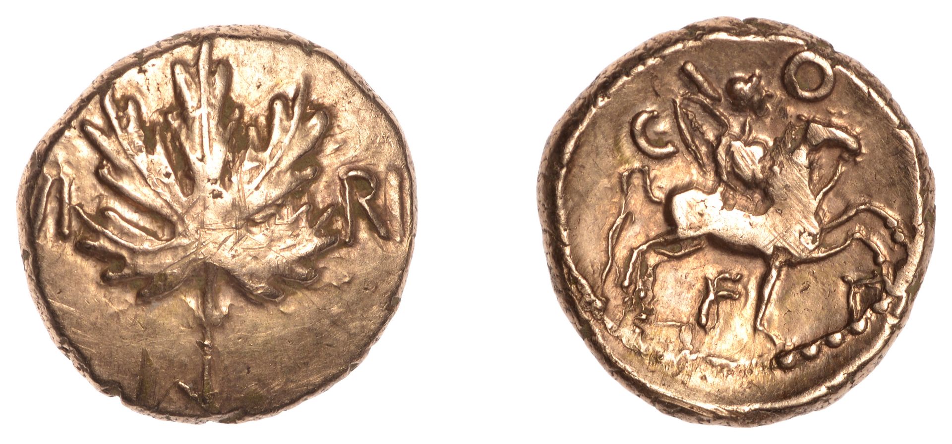 British Iron Age, ATREBATES and REGNI, Verica, Stater, vine leaf dividing vi ri, rev. mounte...