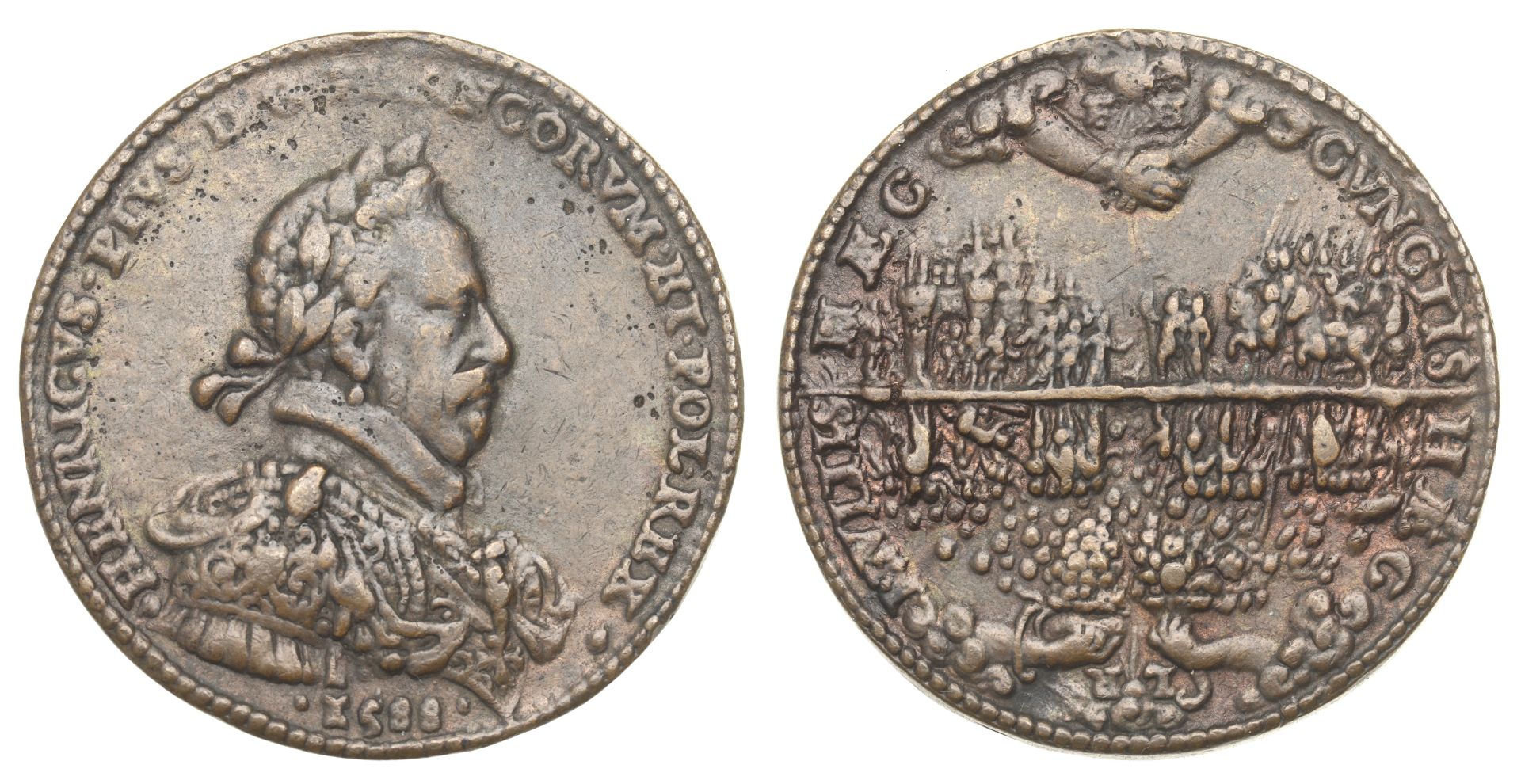 FRANCE, Henry III, 1588, a bronze medal, unsigned, laureate bust right, rev. divided in two:...