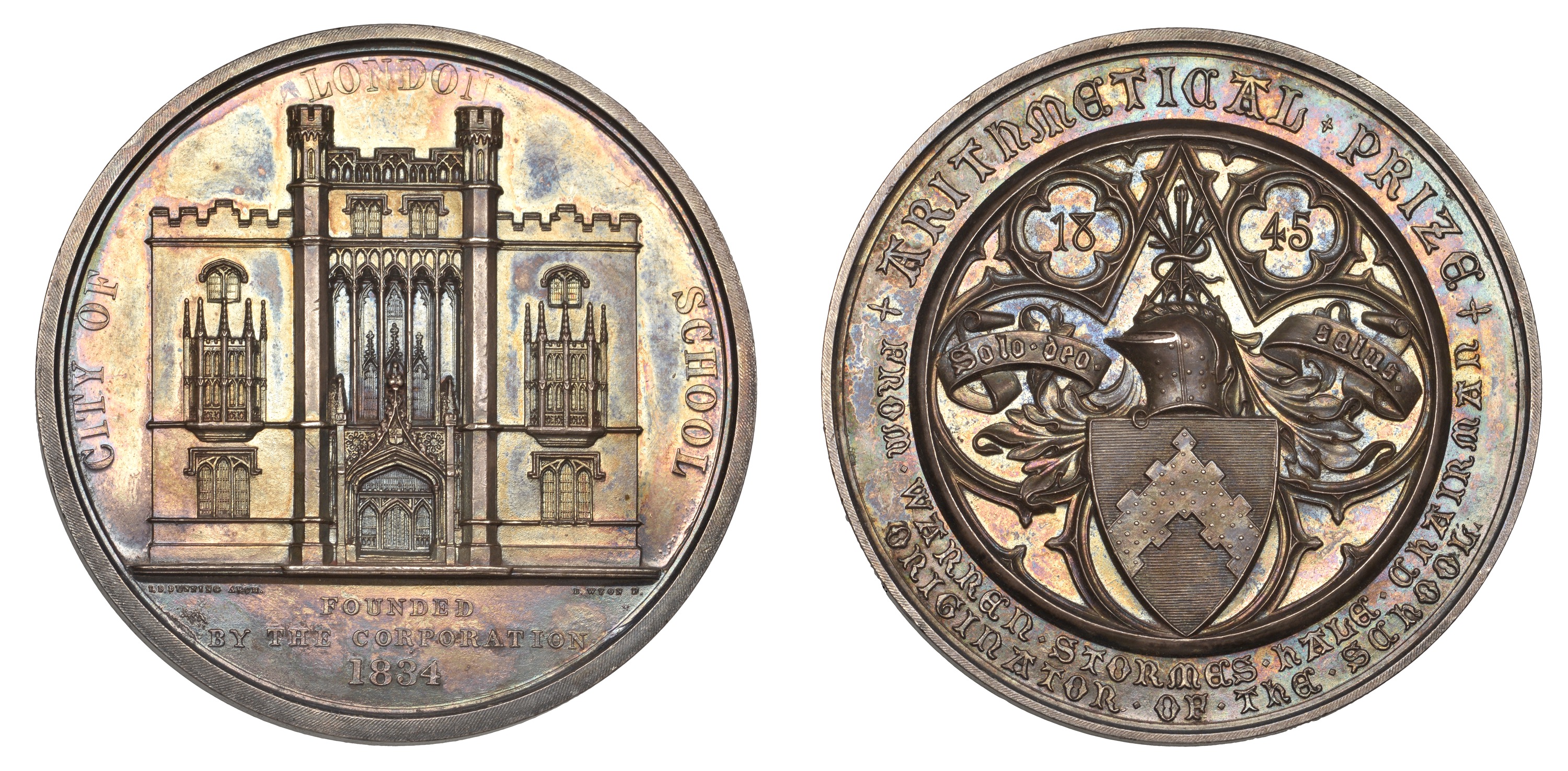 City of London School, Arithmetical Prize, 1845, a silver award by B. Wyon, frontal elevatio...