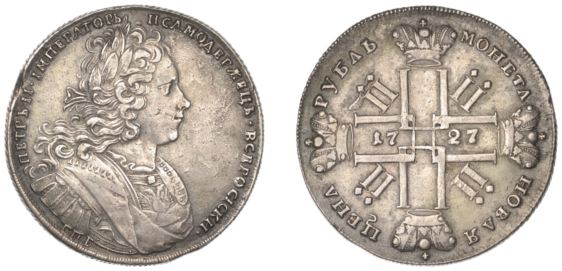 Russia, Peter II, Rouble, 1727, St Petersburg, 28.19g/12h (Bit. 155; Diakov 22-23; Dav. 1667...