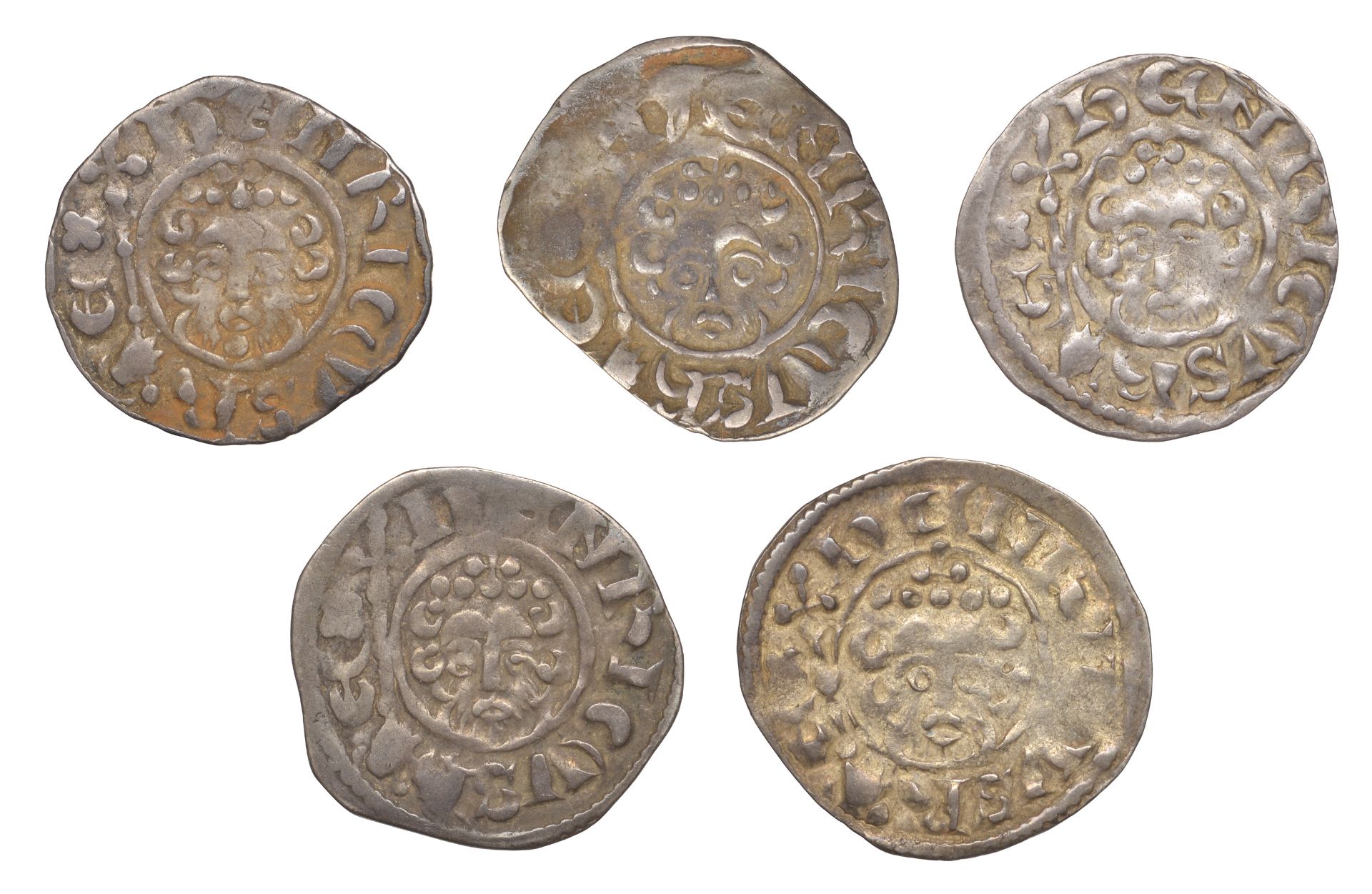 Henry III (1216-1272), Pennies (5), all London, class VIIb1, Elis, elis on lvnden, 1.45g/11h...