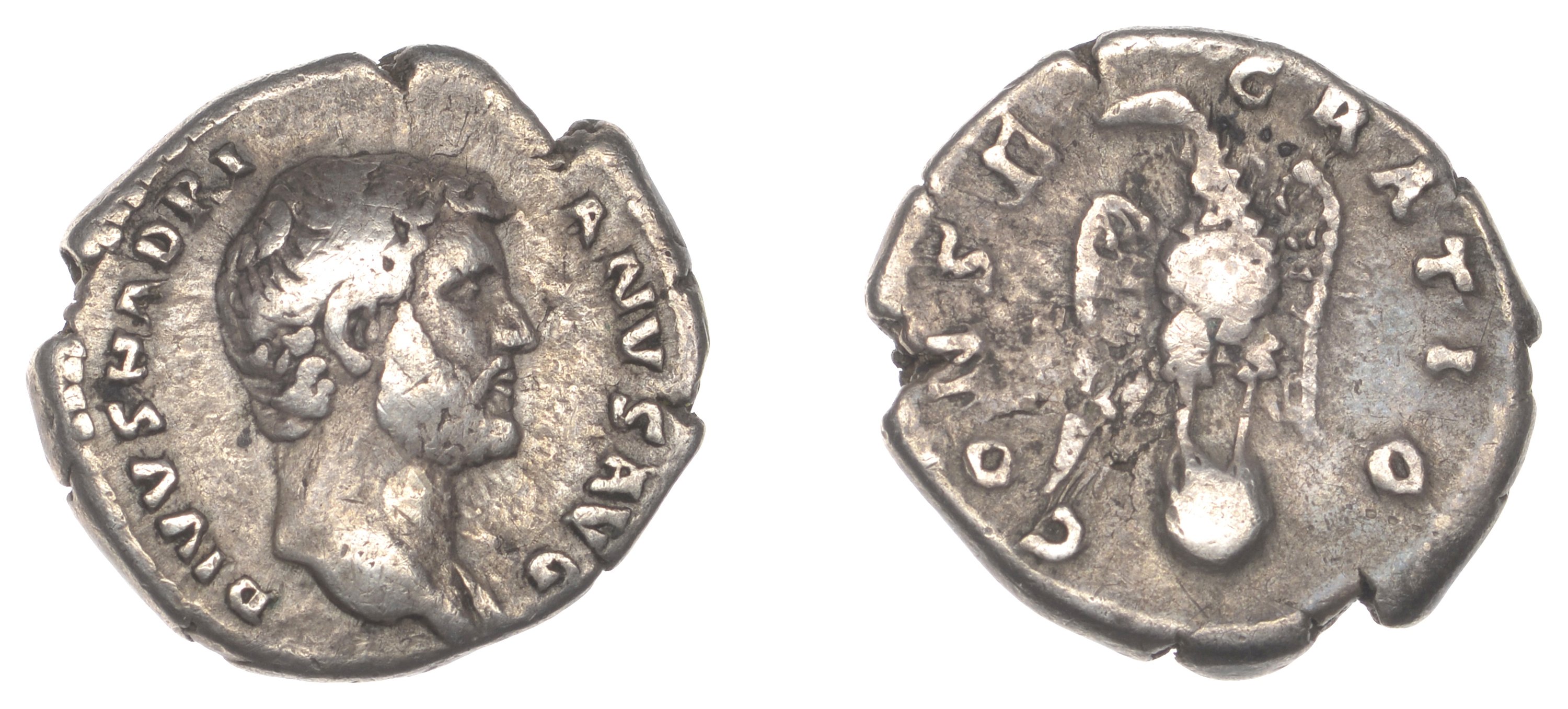 Roman Imperial Coinage, Divus Hadrian, Denarius, 138 or later, bare-headed bust right, rev....