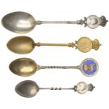Silver (3) and brass spoons, each with a coin set in the top of the handle, viz. Shilling, 1...