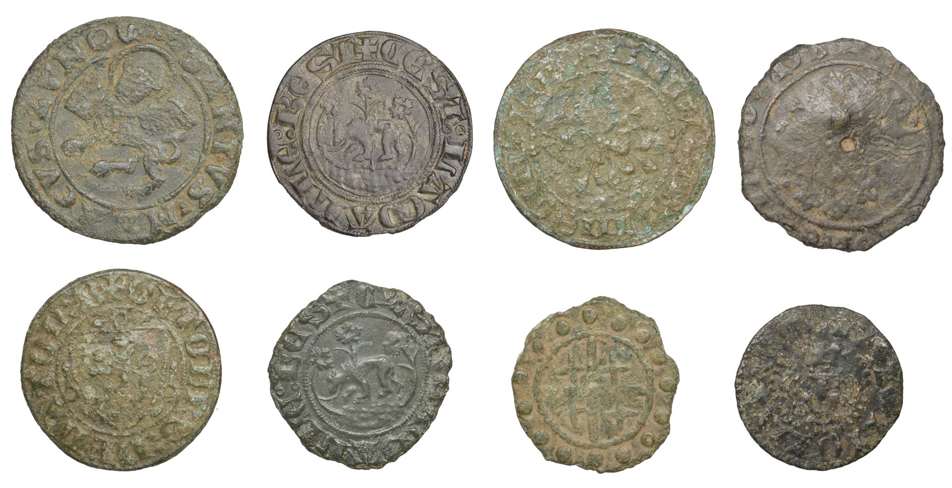 Miscellaneous, Assorted jetons (8), 14th-16th century, including sterling head, rev. cross a...