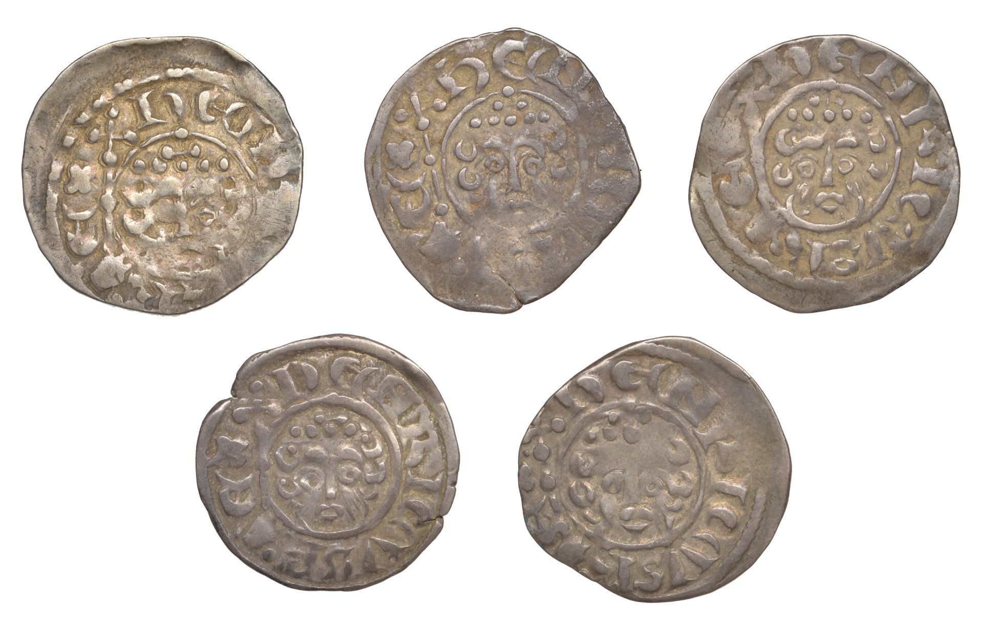 Henry III (1216-1272), Pennies (5), all London, class VIIb4, Adam (3), adam on lvnden, 1.40g...