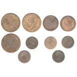 Victoria, Pennies (2), 1881h, 1882h (S 3955); Halfpennies (2), 1875h, 1876h (S 3957); Farthi...