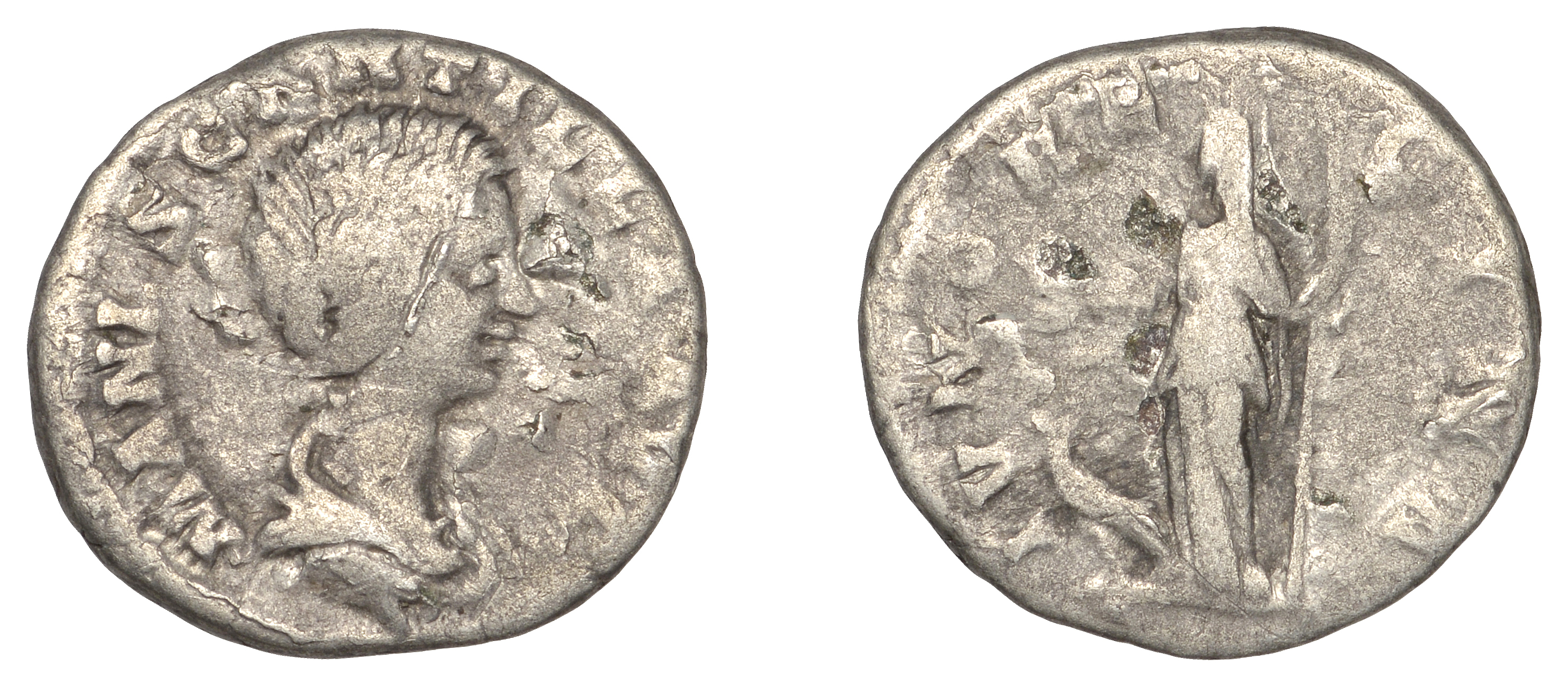 Roman Imperial Coinage, Manlia Scantilla, Denarius, 193, rev. Juno standing left, holding pa...