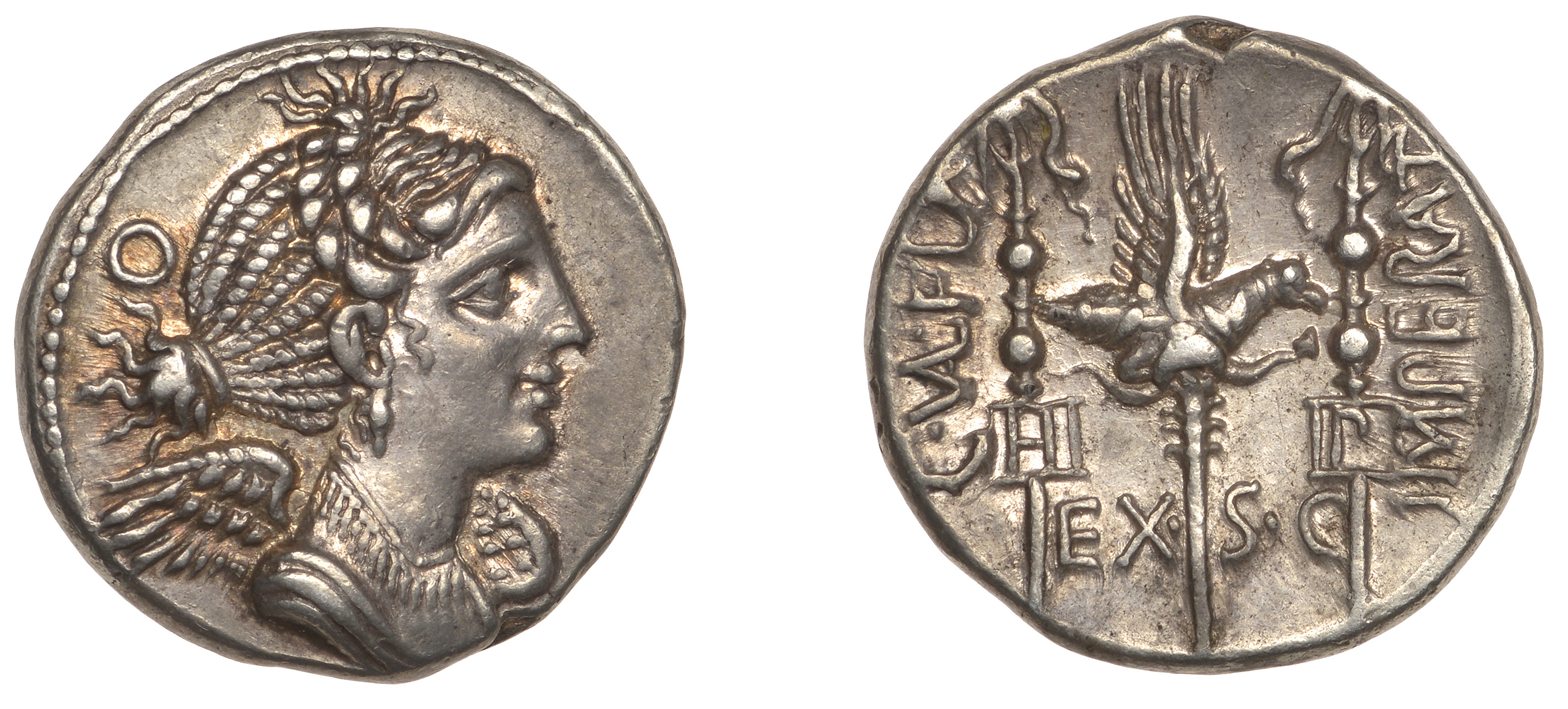 Roman Republican Coinage, C. Valerius Flaccus, Denarius, c. 82, Massalia, draped bust of Vic...