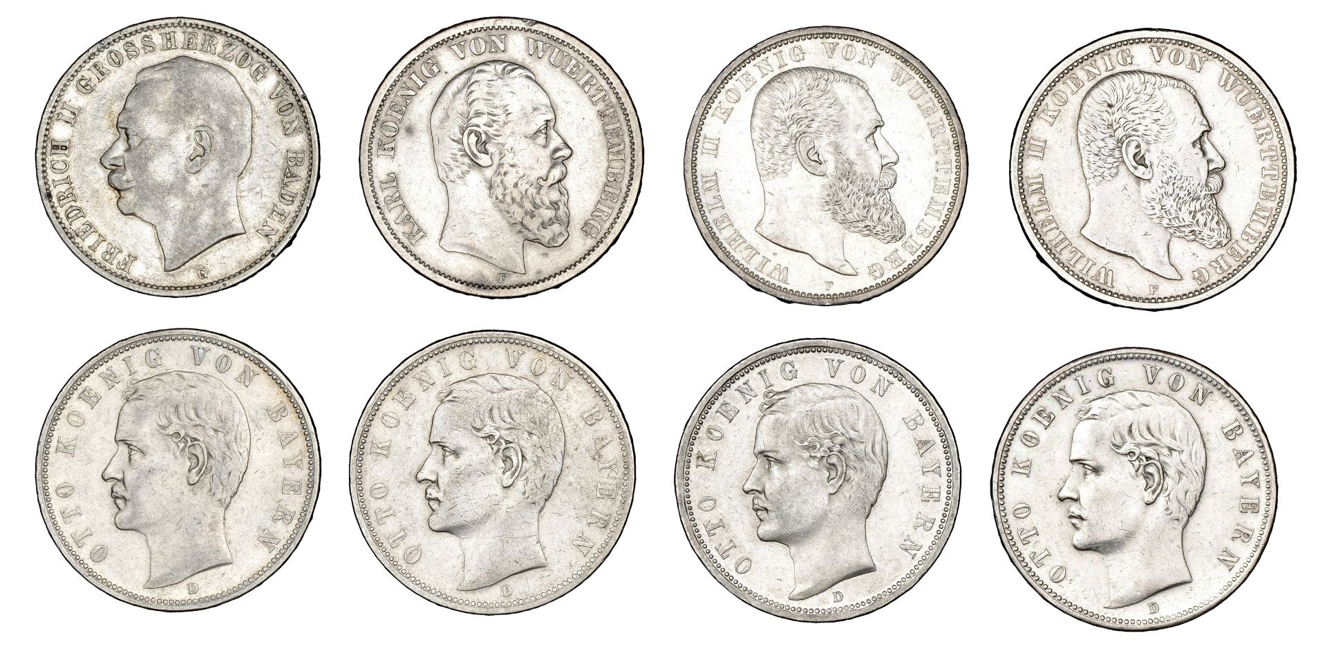 Germany, BADEN, Friedrich II, 5 Marks, 1913g (KM. 281); BAVARIA, Otto, 5 Marks (4), 1902d, 1...