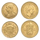 Belgium, Albert I, 20 Francs, 1914 (KM. 79; F 422); NETHERLANDS, Wilhelmina, 10 Gulden, 1927...