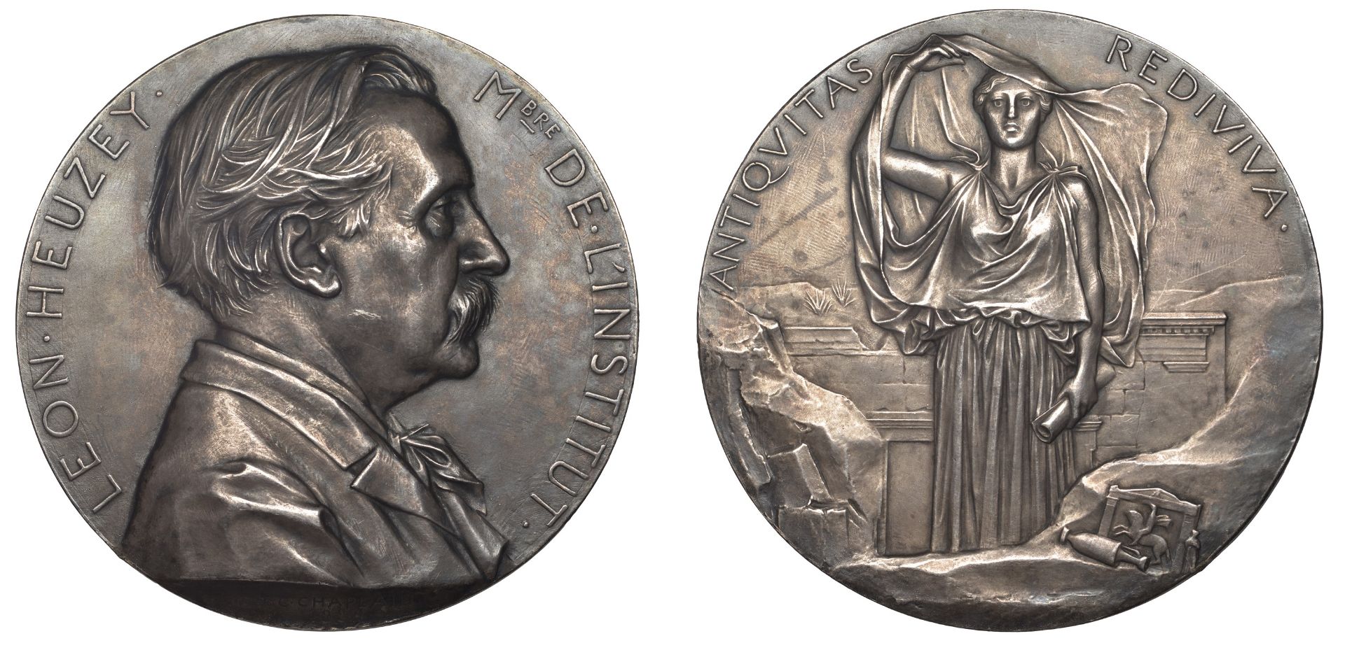 FRANCE, LÃ©on Heuzey, 1889, an electrotype silver medal by J.C. Chaplain, bust right, rev. Ar...