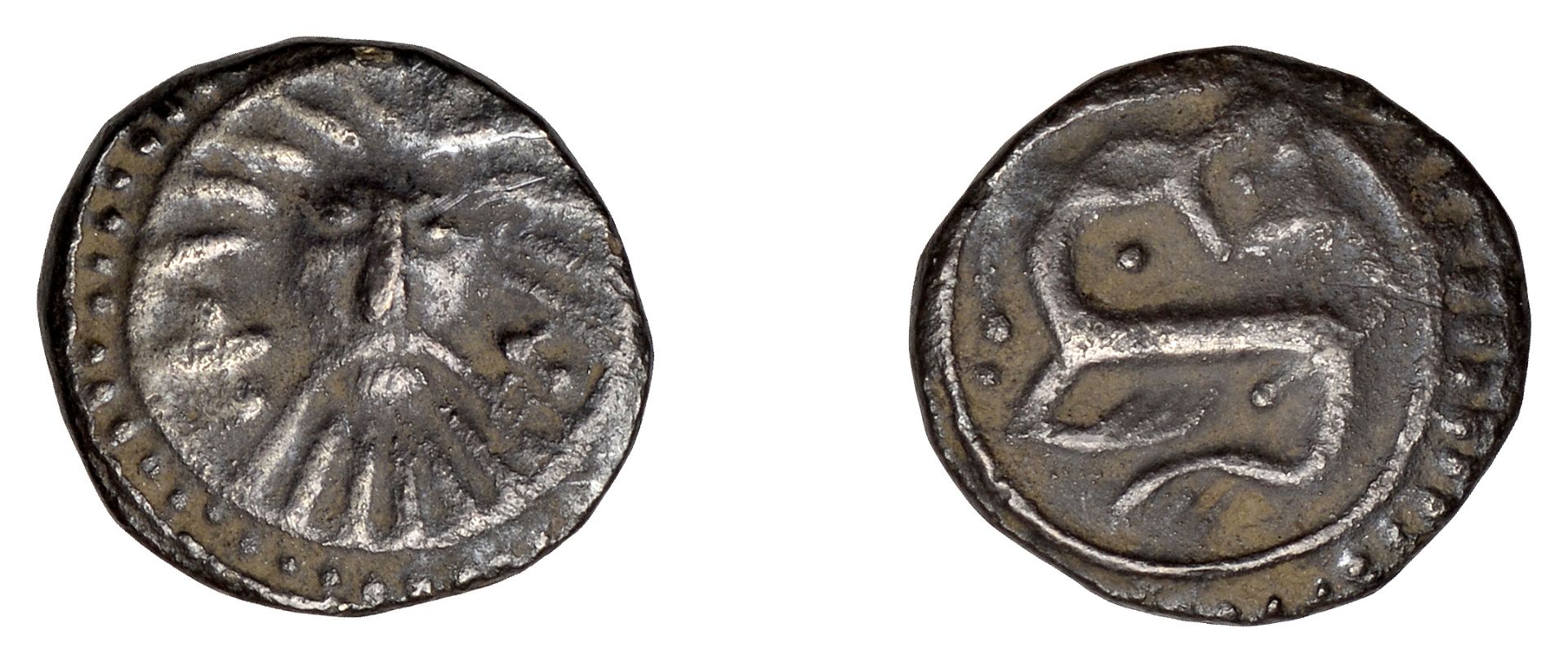 Early Anglo-Saxon Period, Sceatta, Secondary series X, Danish type B1, 'Wodan' head facing,...