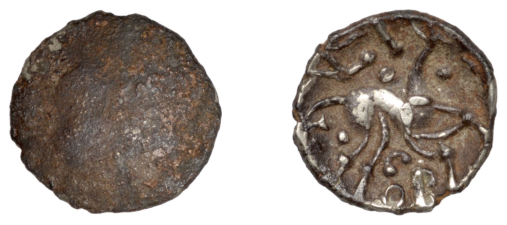 British Iron Age, CORIELTAUVI, Vep Corf, silver Unit, uncertain type, trace of design, rev....