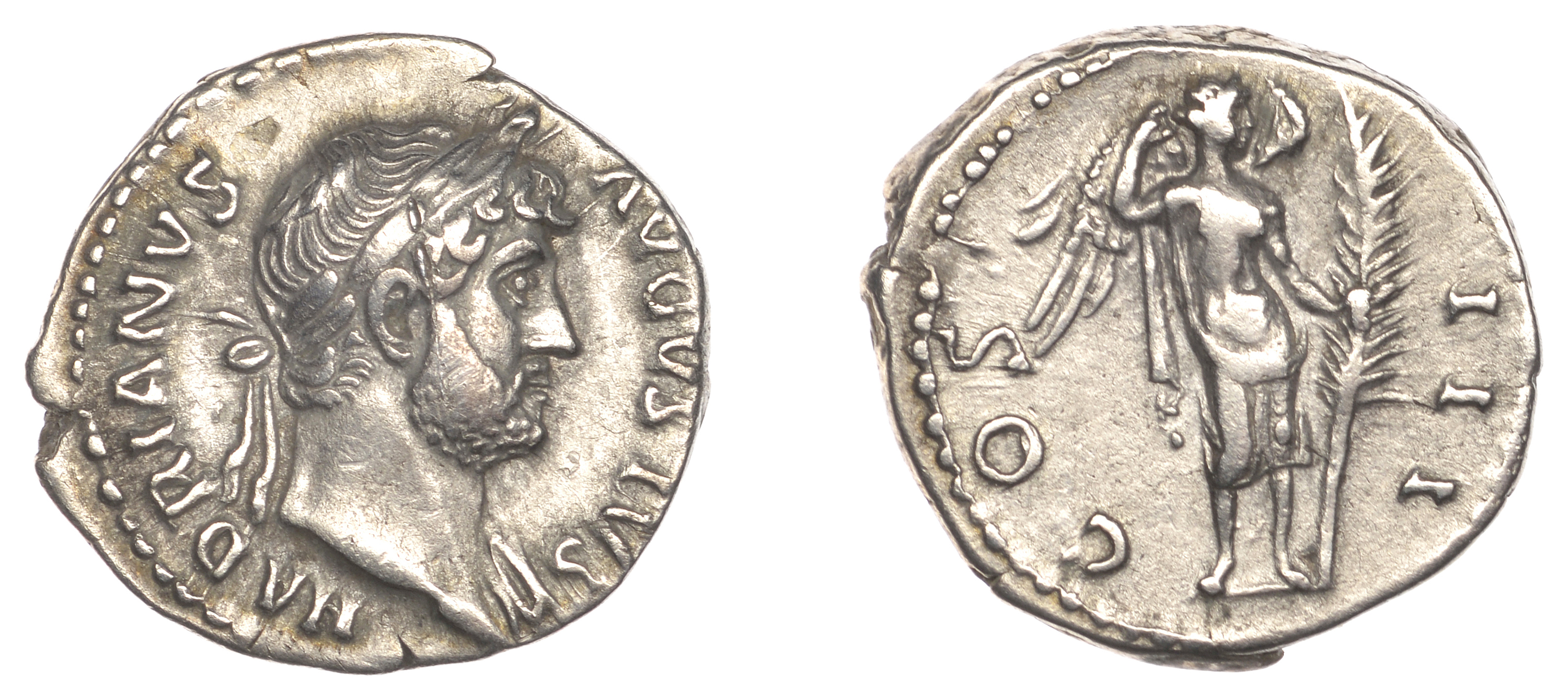 Roman Imperial Coinage, Hadrian, Denarius, 125-8, laureate bust right, rev. Victory standing...