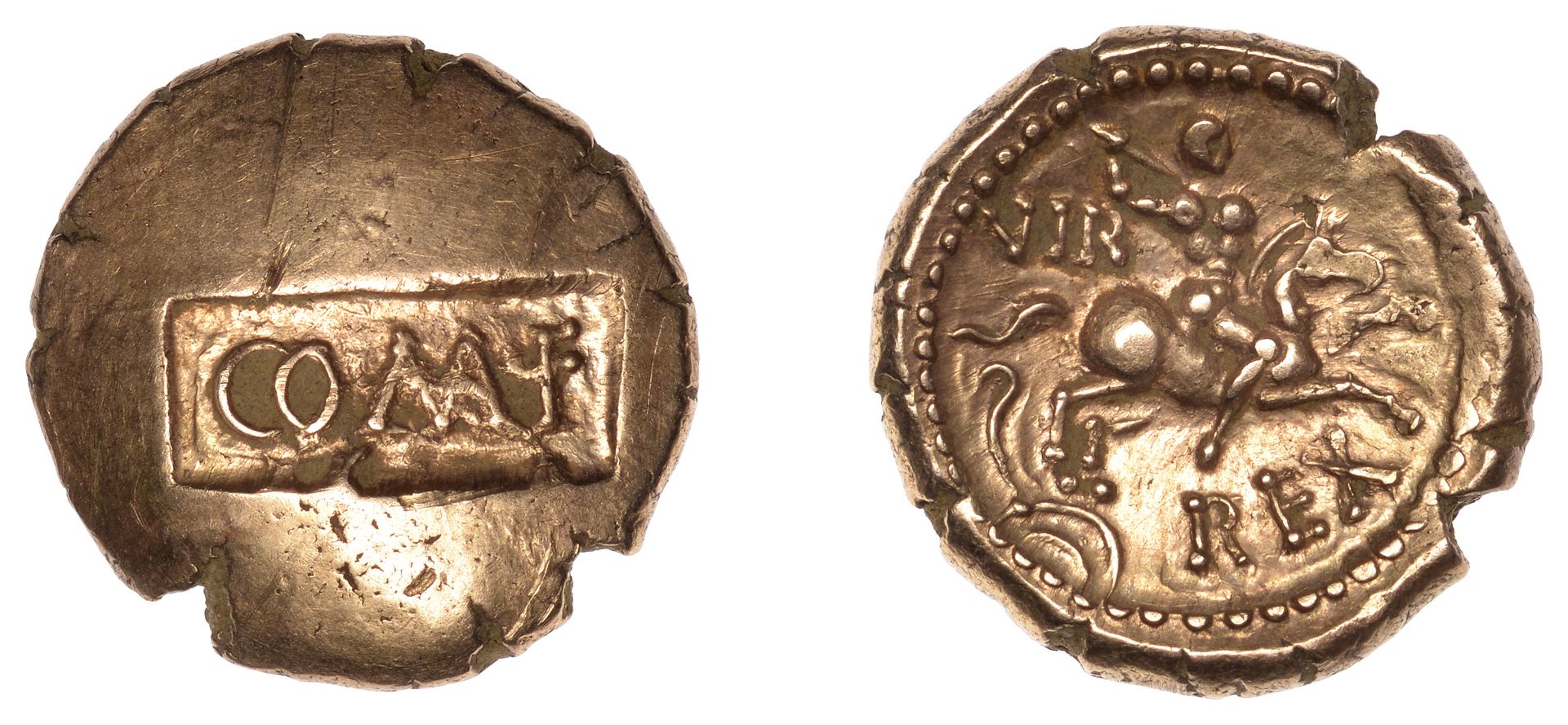 British Iron Age, ATREBATES and REGNI, Verica, Stater, com f on tablet, rev. mounted warrior...