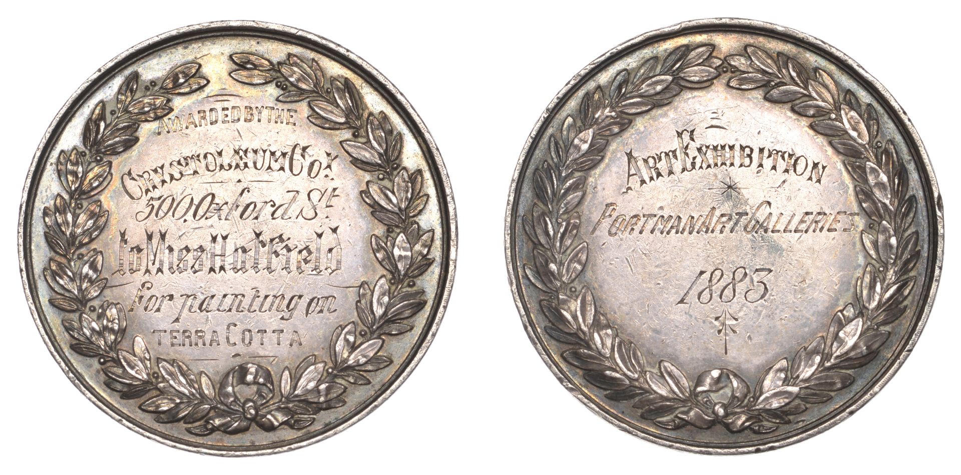 Art Exhibition, Portman Art Galleries, 1883, a silver prize medal, unsigned, wreath, rev. wr...