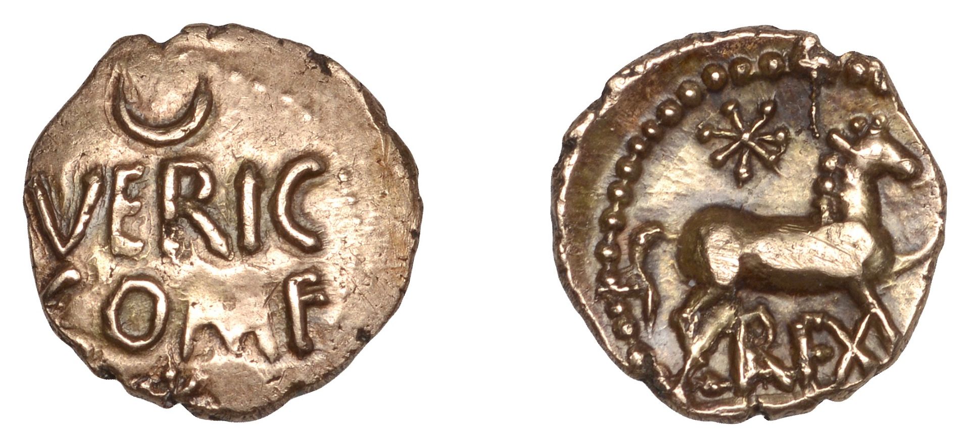 British Iron Age, ATREBATES and REGNI, Verica, Quarter-Stater, veric com f in two lines, cre...