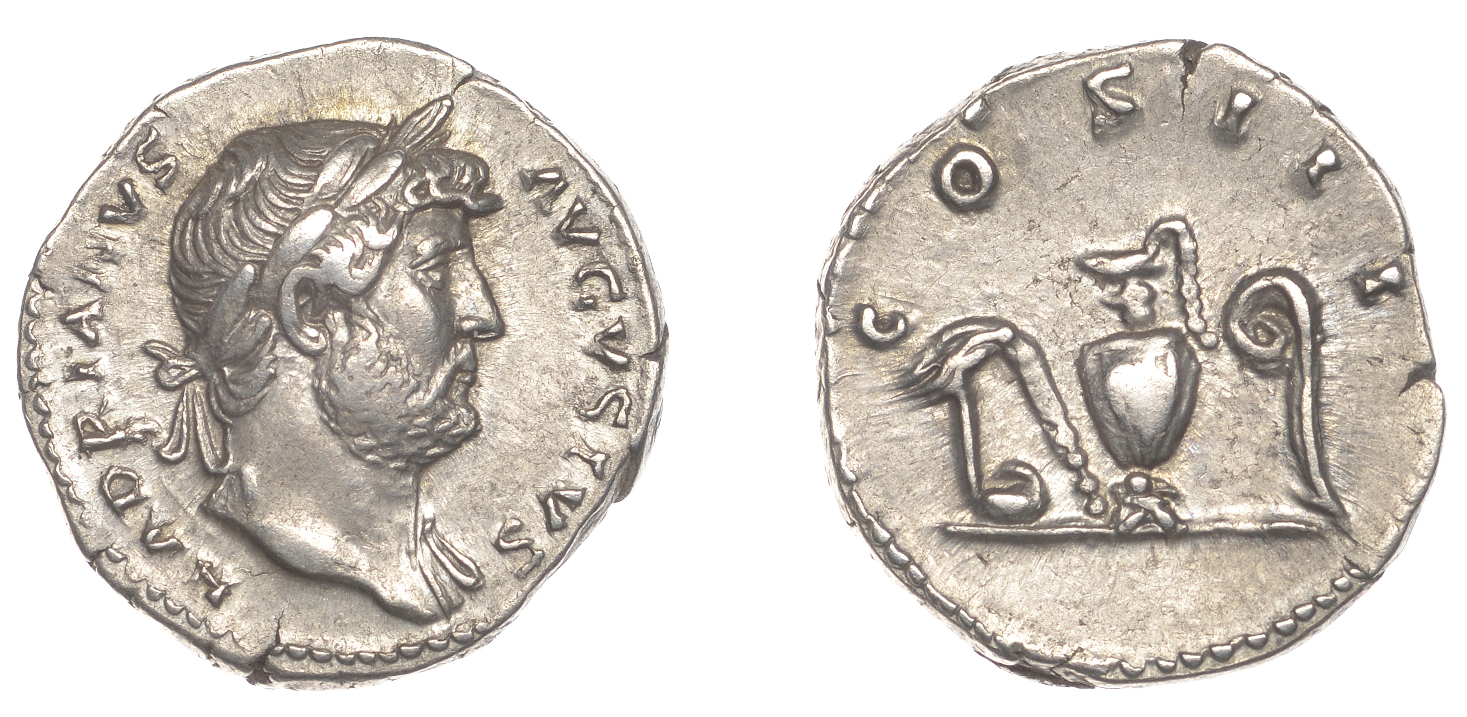 Roman Imperial Coinage, Hadrian, Denarius, 125-7, laureate bust right, drapery on far should...