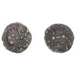 British Iron Age, DOBUNNI, silver Unit, head type B, moon head right with annulets for hair,...