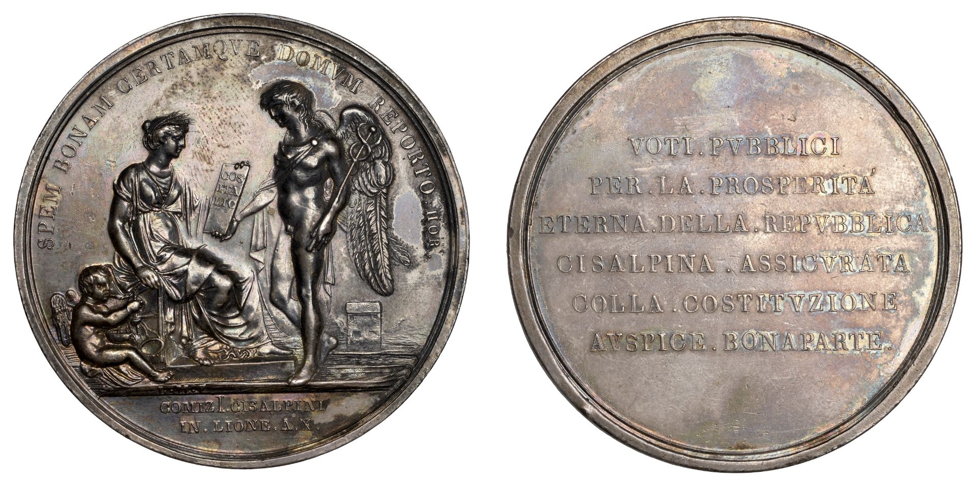 ITALY, Constitution of the Cisalpine Republic, 1802, a silver medal by L. Manfredini, winged...