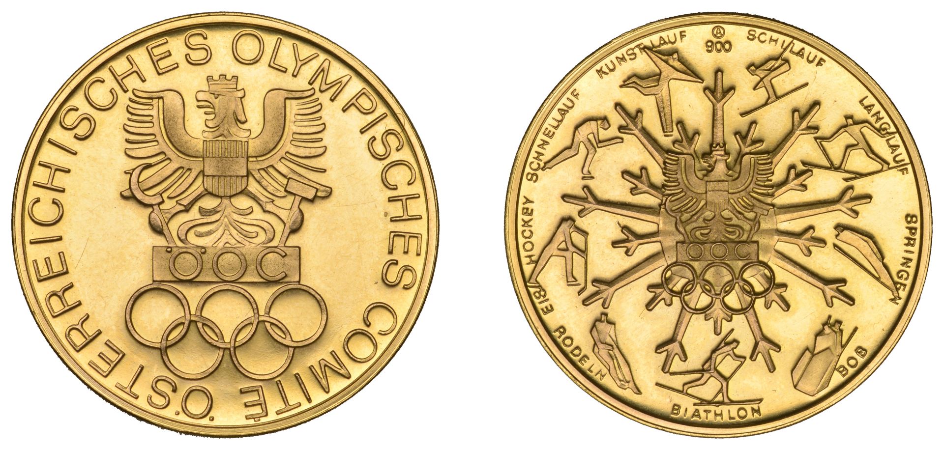 AUSTRIA, Austrian Olympic Committee, a gold medal, undated, eagle above Olympic logo, rev. e...