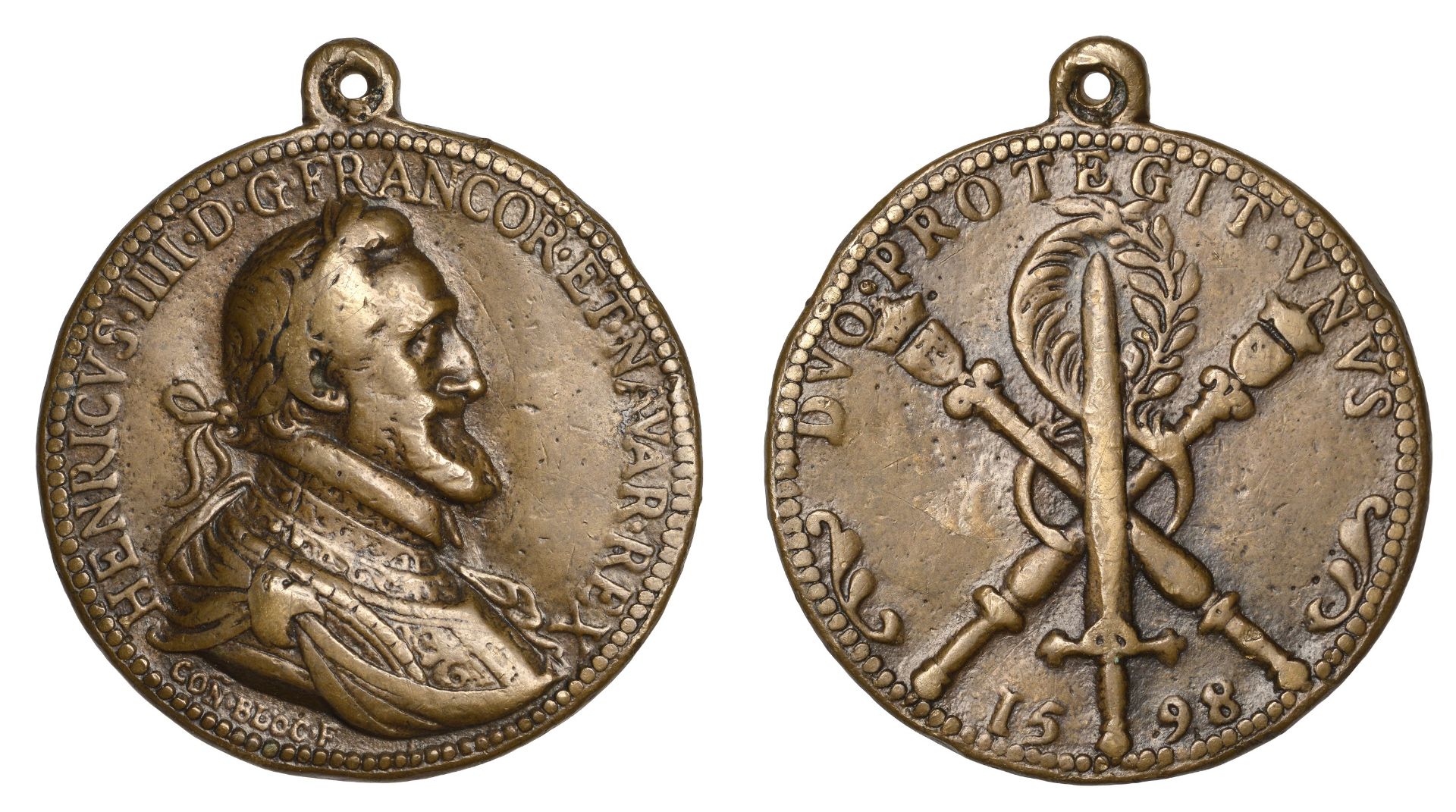 FRANCE, Peace of Vervins, 1598, a bronze medal by C. Bloc, laureate and armoured bust of Hen...