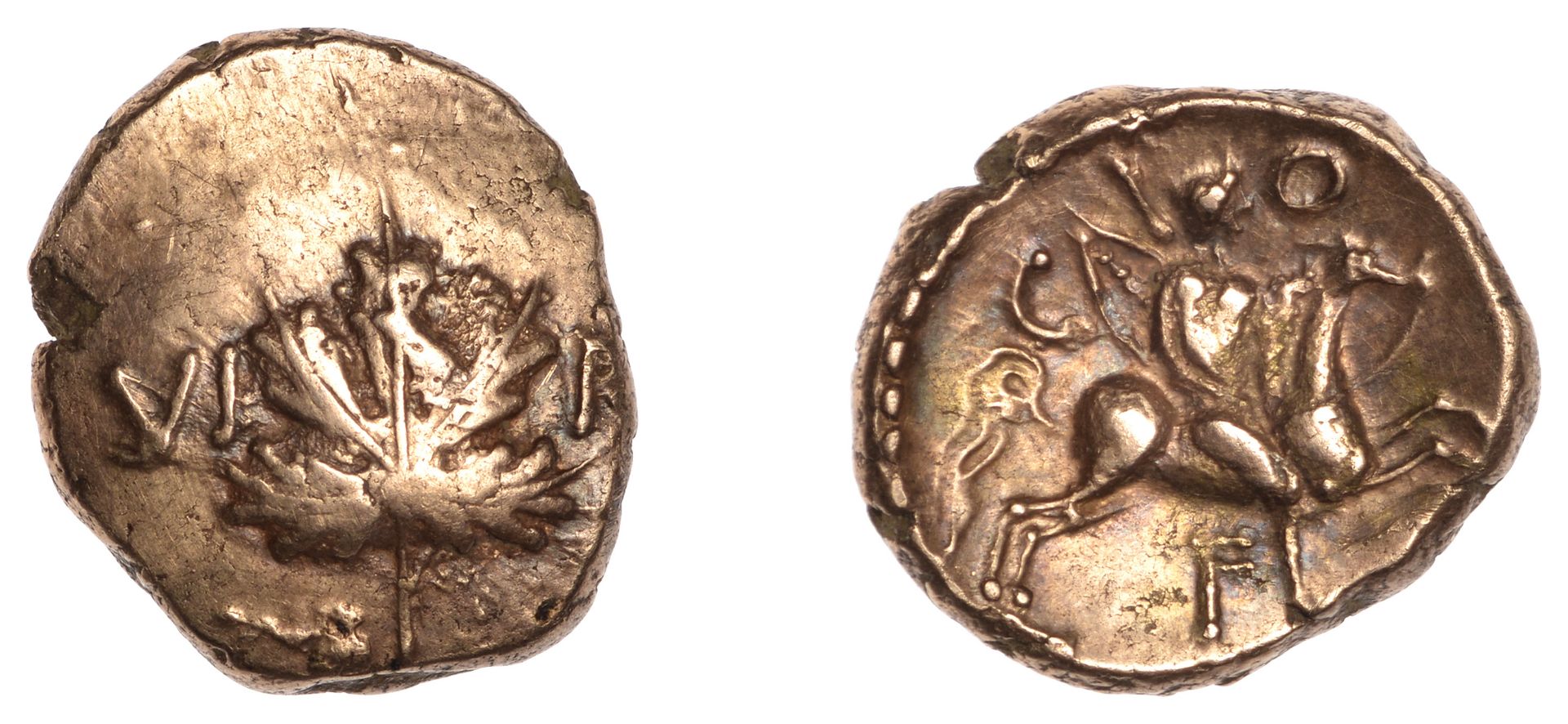 British Iron Age, ATREBATES and REGNI, Verica, Stater, vine leaf dividing vi r(i), rev. moun...