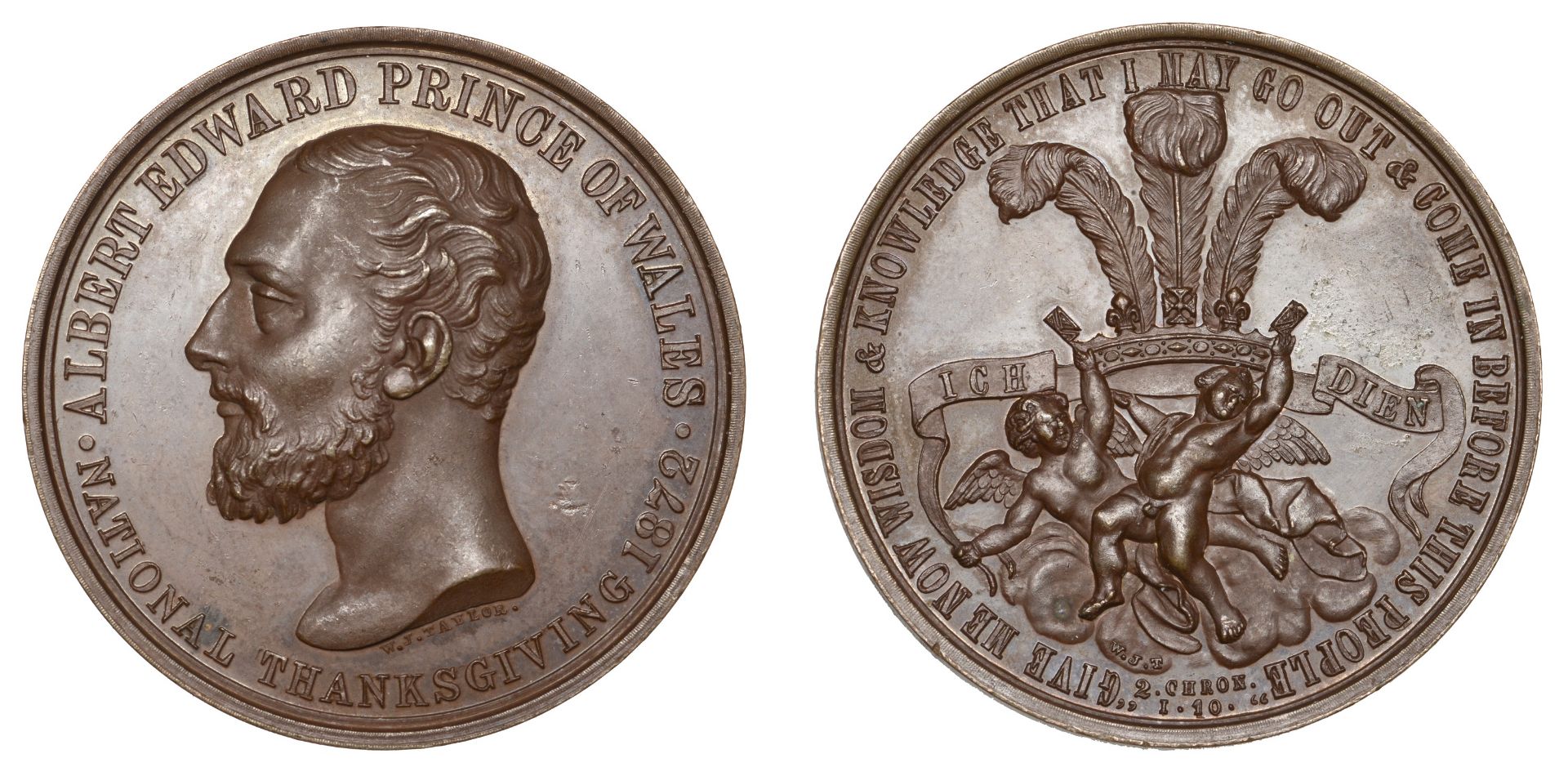 Recovery from Typhoid, 1872, a bronze medal by W.J. Taylor, bare head left, rev. Prince of W...