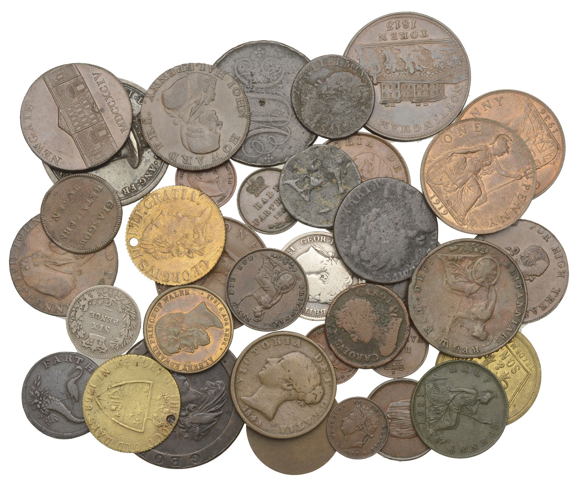 British coins, tokens and medals, in silver (3), base metal (33) [36]. Varied state Â£100-Â£1...