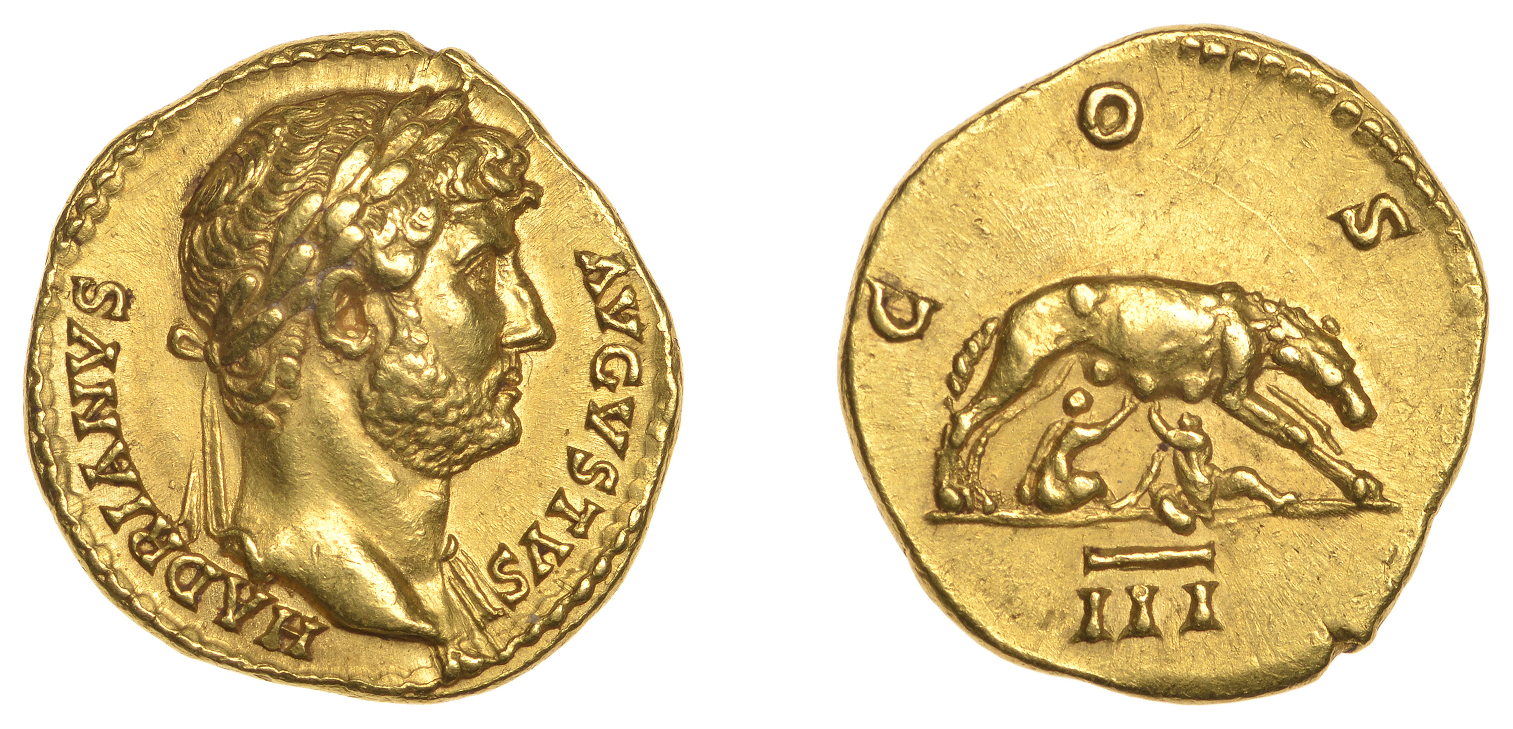Roman Imperial Coinage, Hadrian, Aureus, c. 124-5, laureate bust right, rev. she-wolf standi...