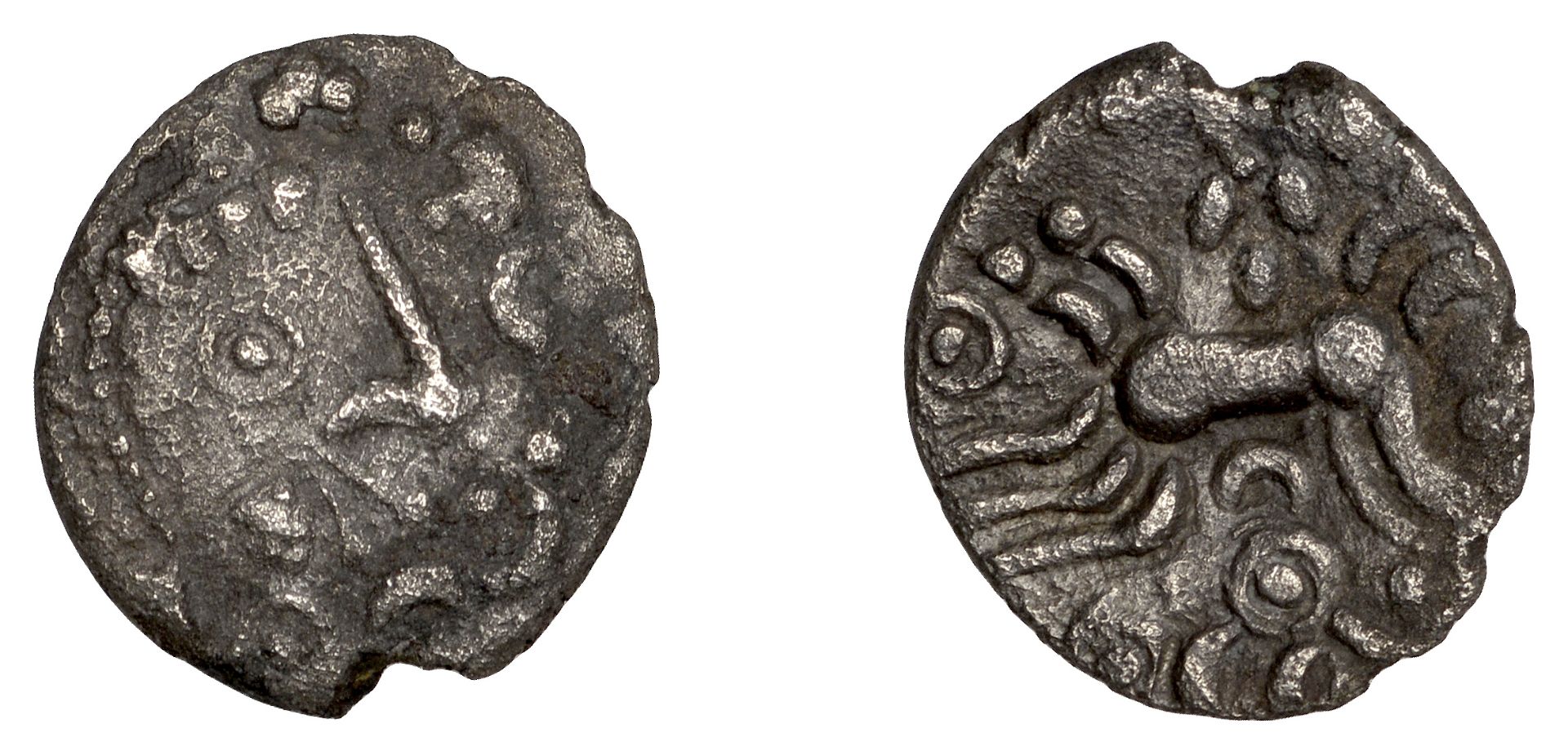 British Iron Age, DOBUNNI, uncertain rulers, silver Unit, Cotswold Eagle type, moon-head rig...