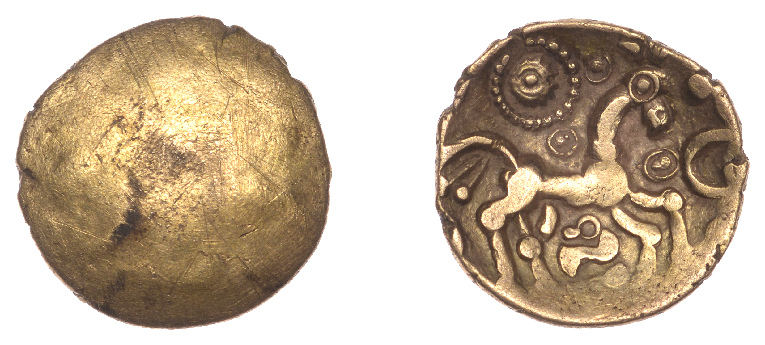 British Iron Age, DOBUNNI, Corio, Quarter-Stater, plain, rev. triple-tailed horse right, pel...