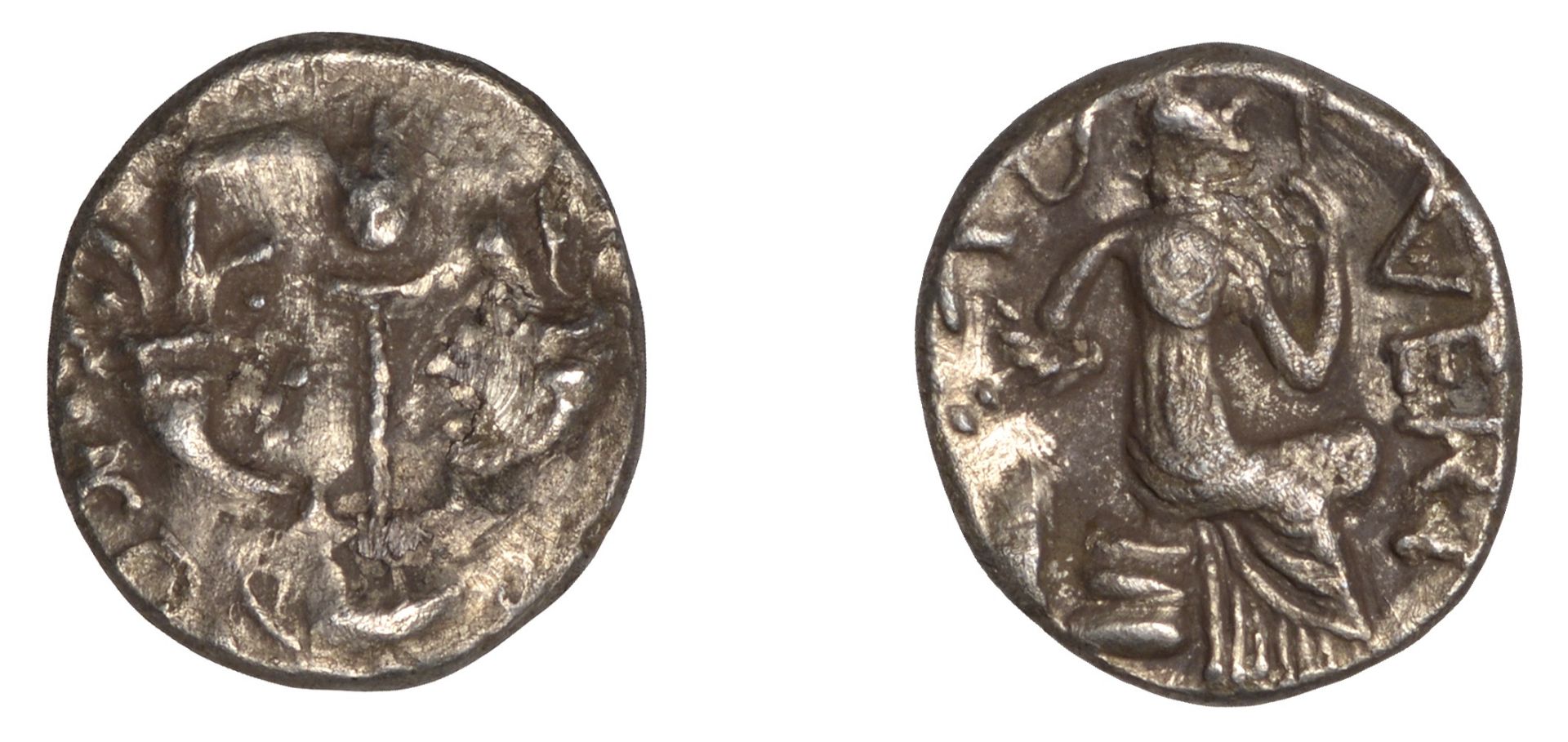 British Iron Age, ATREBATES and REGNI, Verica, silver Unit, sceptre between two cornucopiÃ¦,...