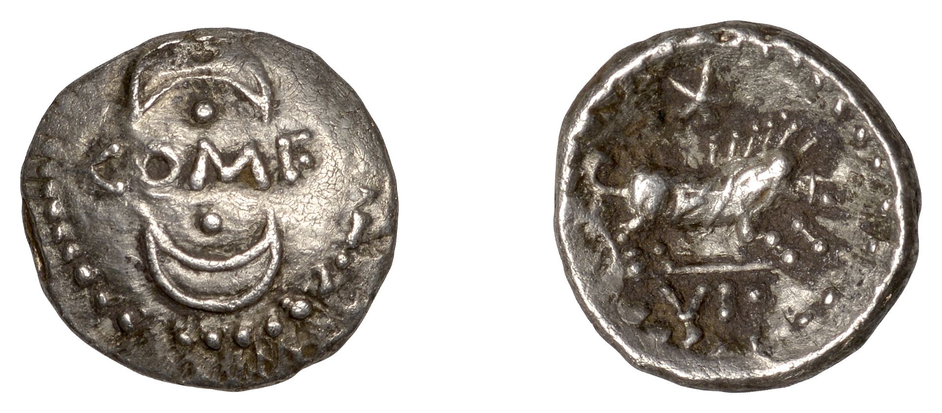 British Iron Age, ATREBATES and REGNI, Verica, silver Unit, Star Boar type, com.f with cresc...