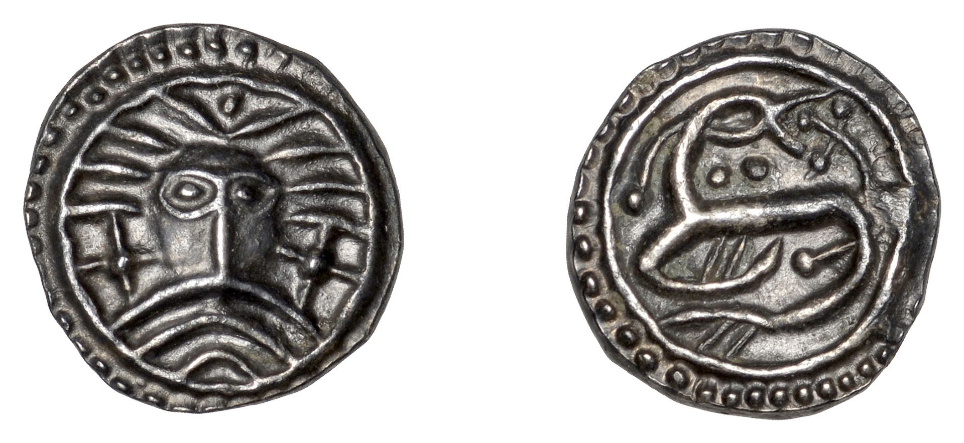 Early Anglo-Saxon Period, Sceatta, Secondary series X, Danish type B1, 'Wodan' head facing,...