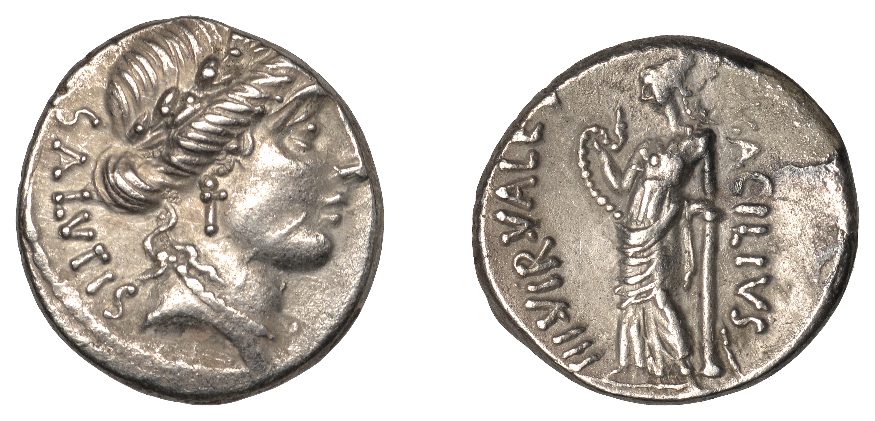 Roman Republican Coinage, Mn. Acilius Galbrio, Denarius, Rome, c. 49, laureate head of Salus...