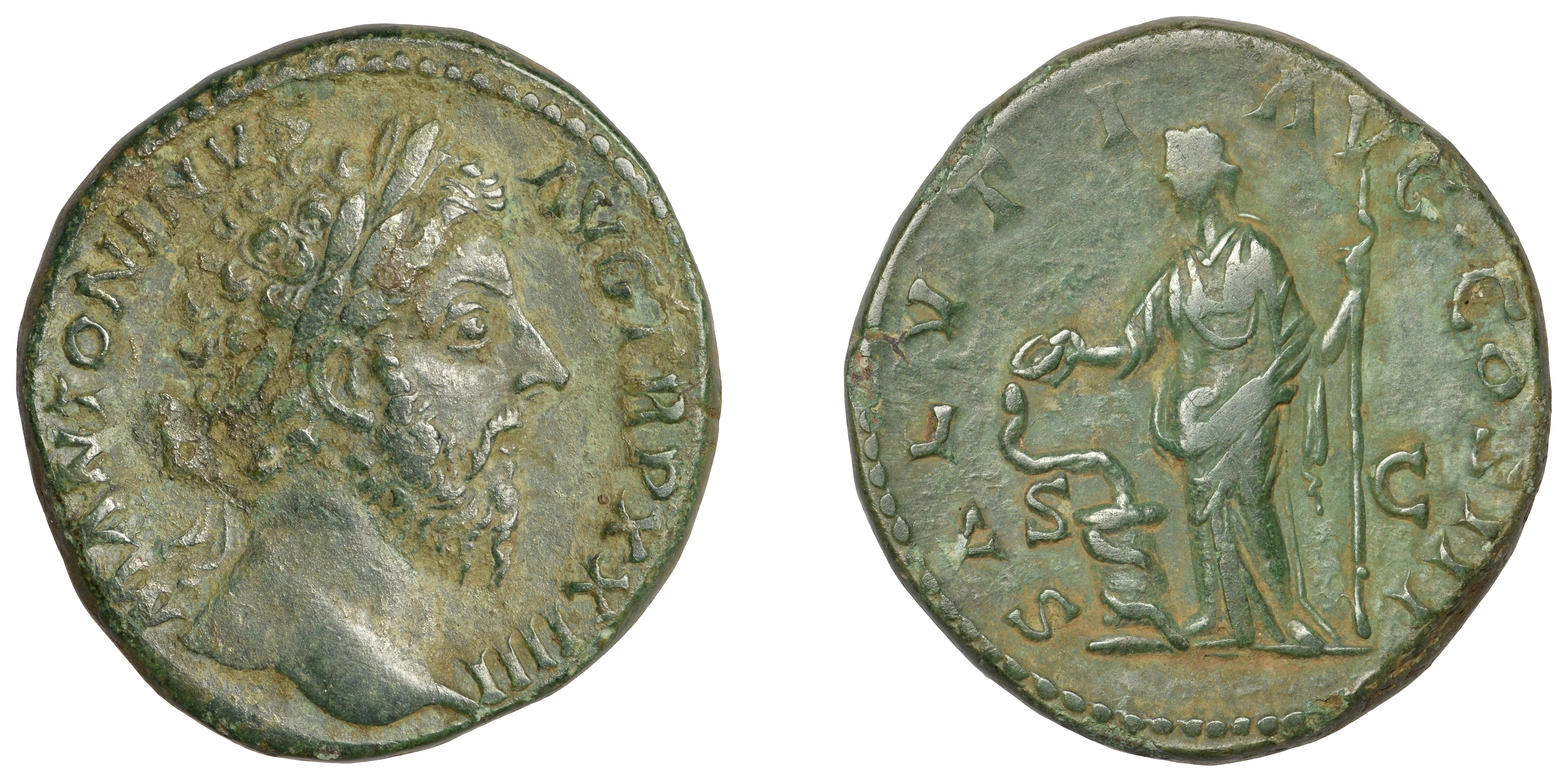 Roman Imperial Coinage, Marcus Aurelius, Sestertius, 170, laureate head right, rev. Salus st...