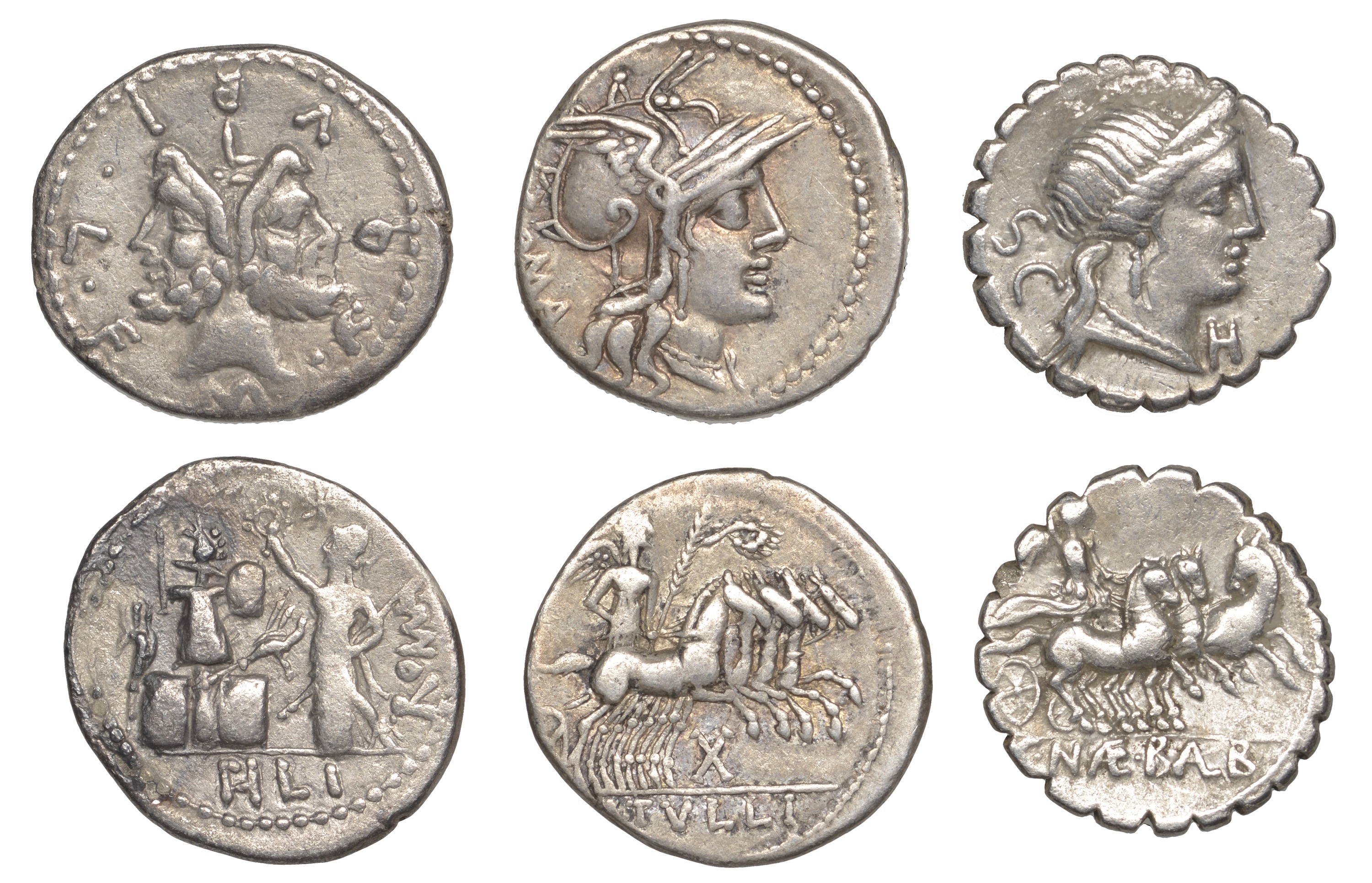 Roman Republican Coinage, M. Tullius, Denarius, c. 120, head of Roma right, wearing winged h...