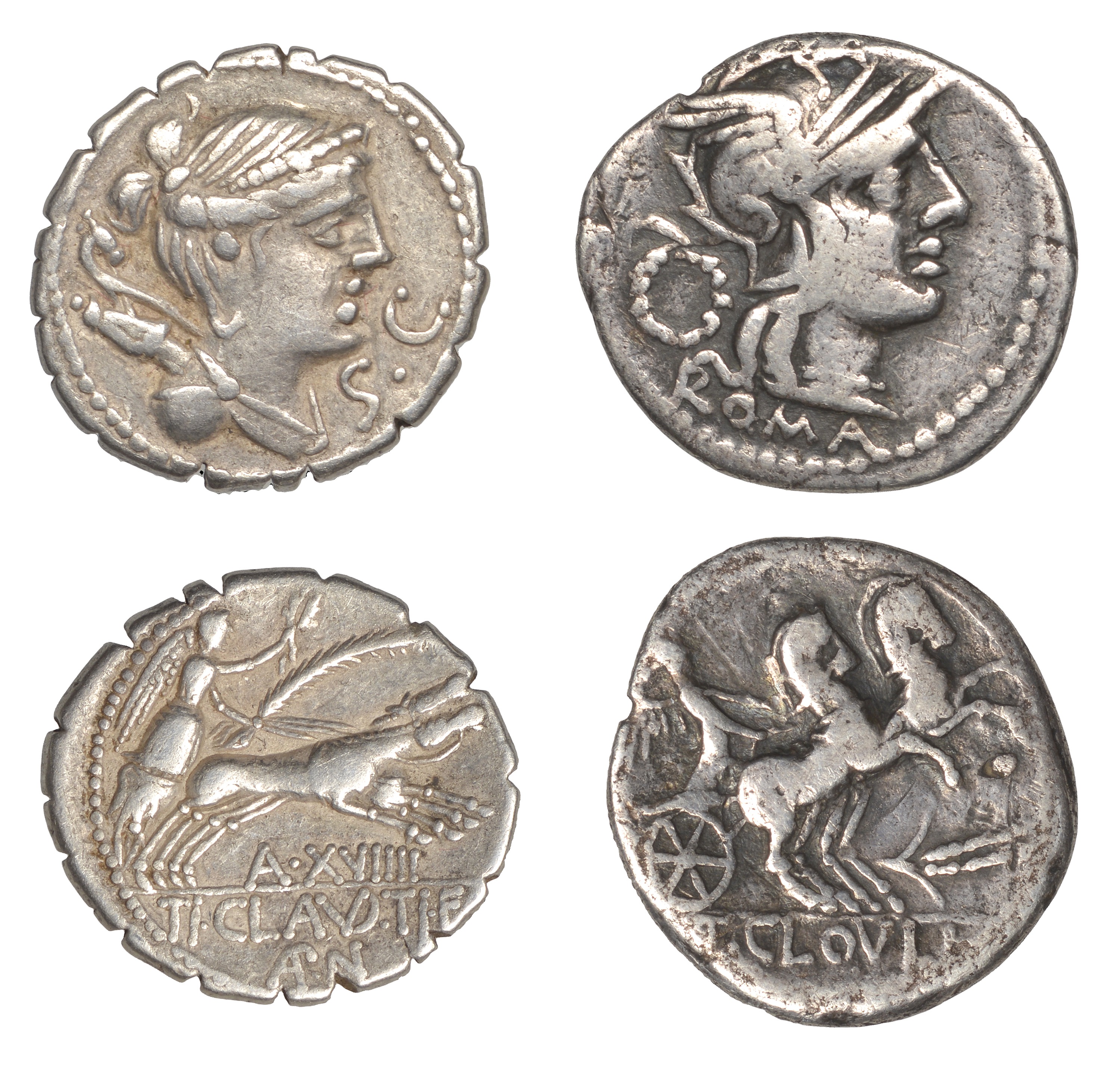 Roman Republican Coinage, T. Cloelius, Denarius, c. 128, head of Roma right, rev. Victory dr...