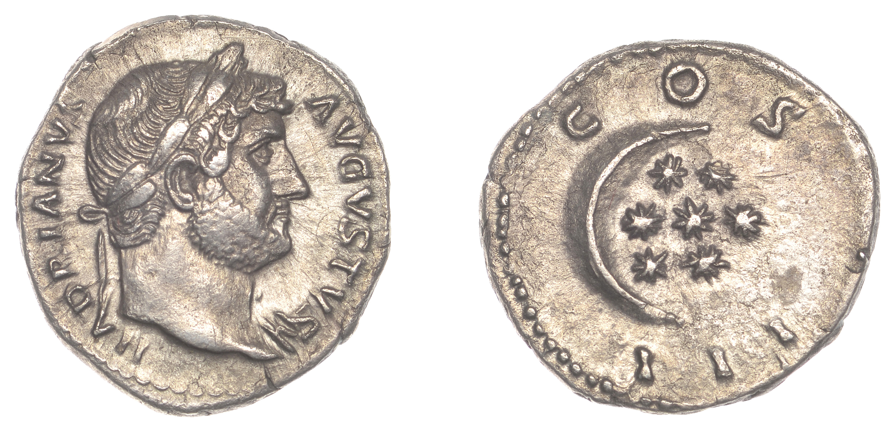 Roman Imperial Coinage, Hadrian, Denarius, 126-7, laureate bust right, rev. crescent moon an...