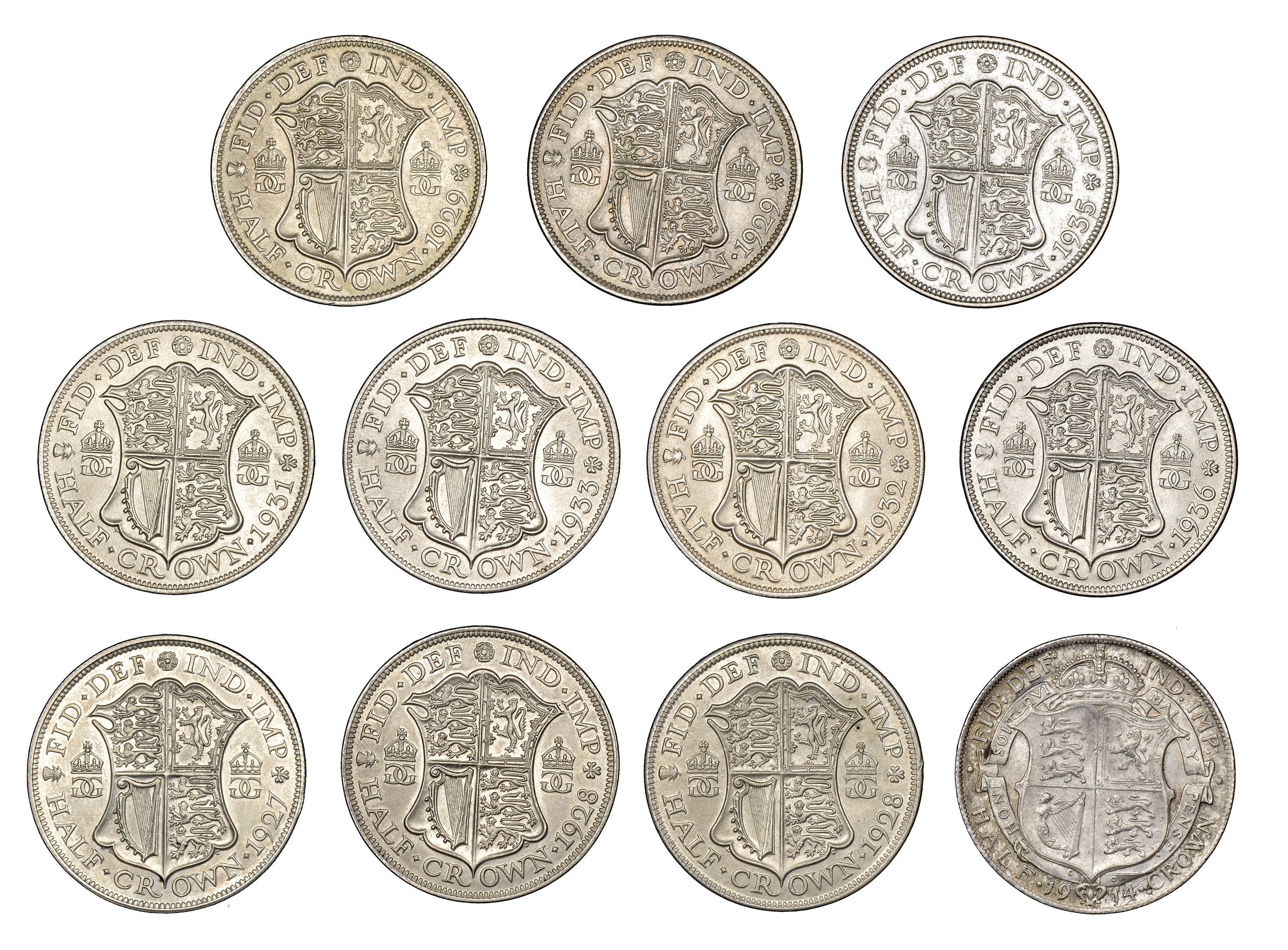 George V, Halfcrowns (11), 1914, 1927 (Proof), 1928 (2), 1929 (2), 1931, 1932, 1933, 1935, 1... - Image 2 of 2